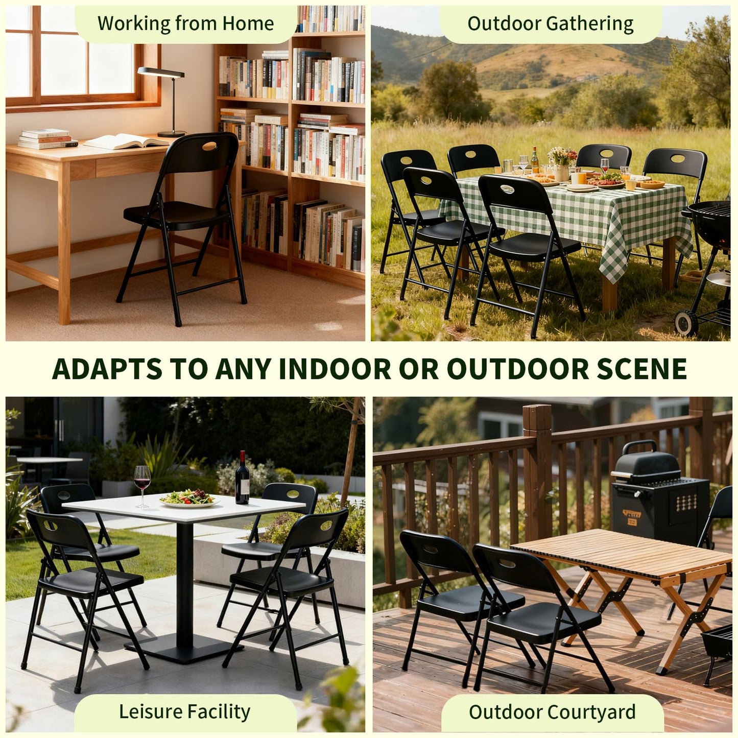 MAKE CHANGES Black Folding Chairs 6 Pack, Outdoor Portable Plastic Foldable Chairs with Metal Frame, 350lbs Capacity Heavy Duty Folding Chairs for Patio, Picnic, Kitchen, Dining, Party