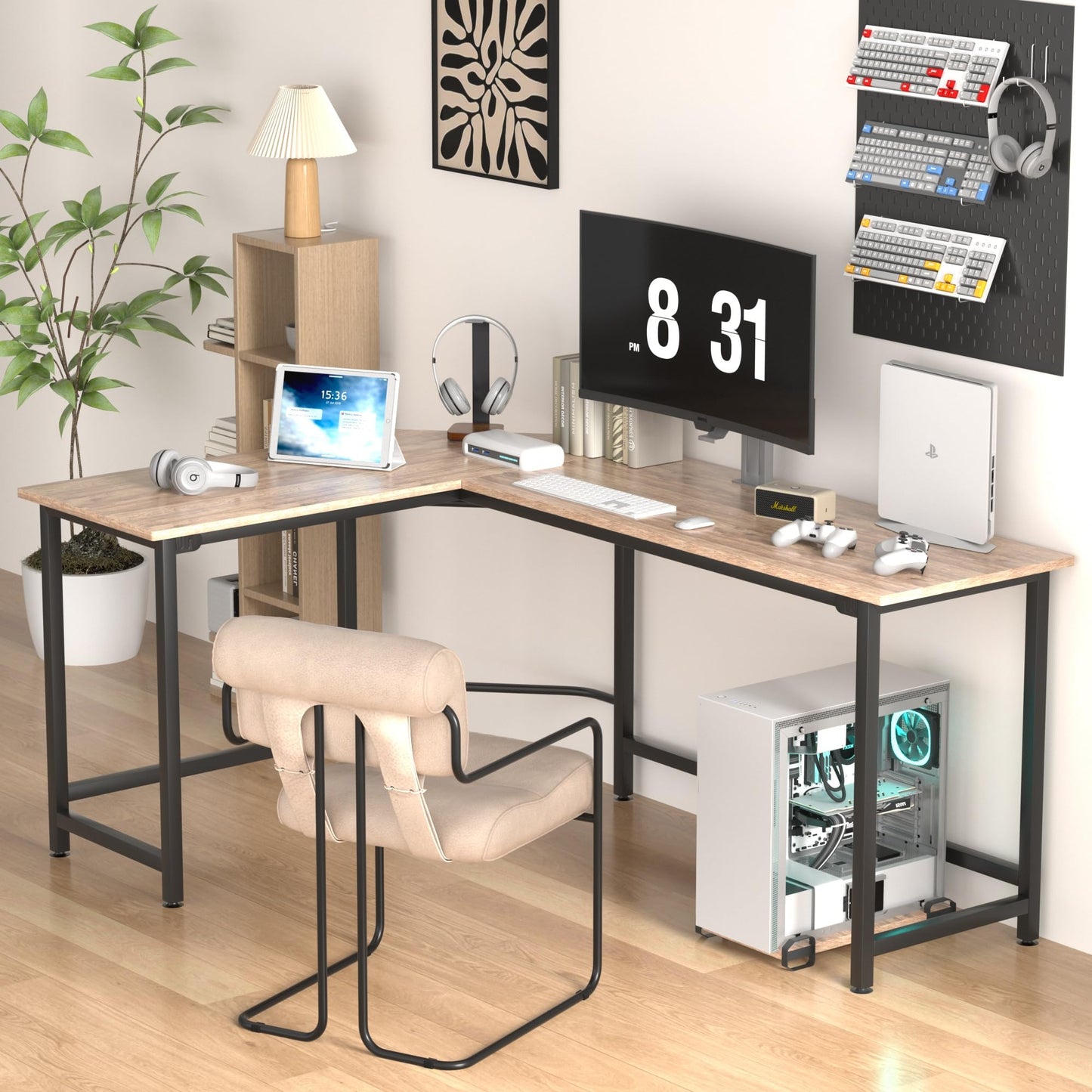 VECELO Corner Desk,Office Tables for Living Room for Small Space Triangle Computer Desk with Steel Frame Corner Shelves with Metal Frame Writing Desk for Workstation Classic White 66"