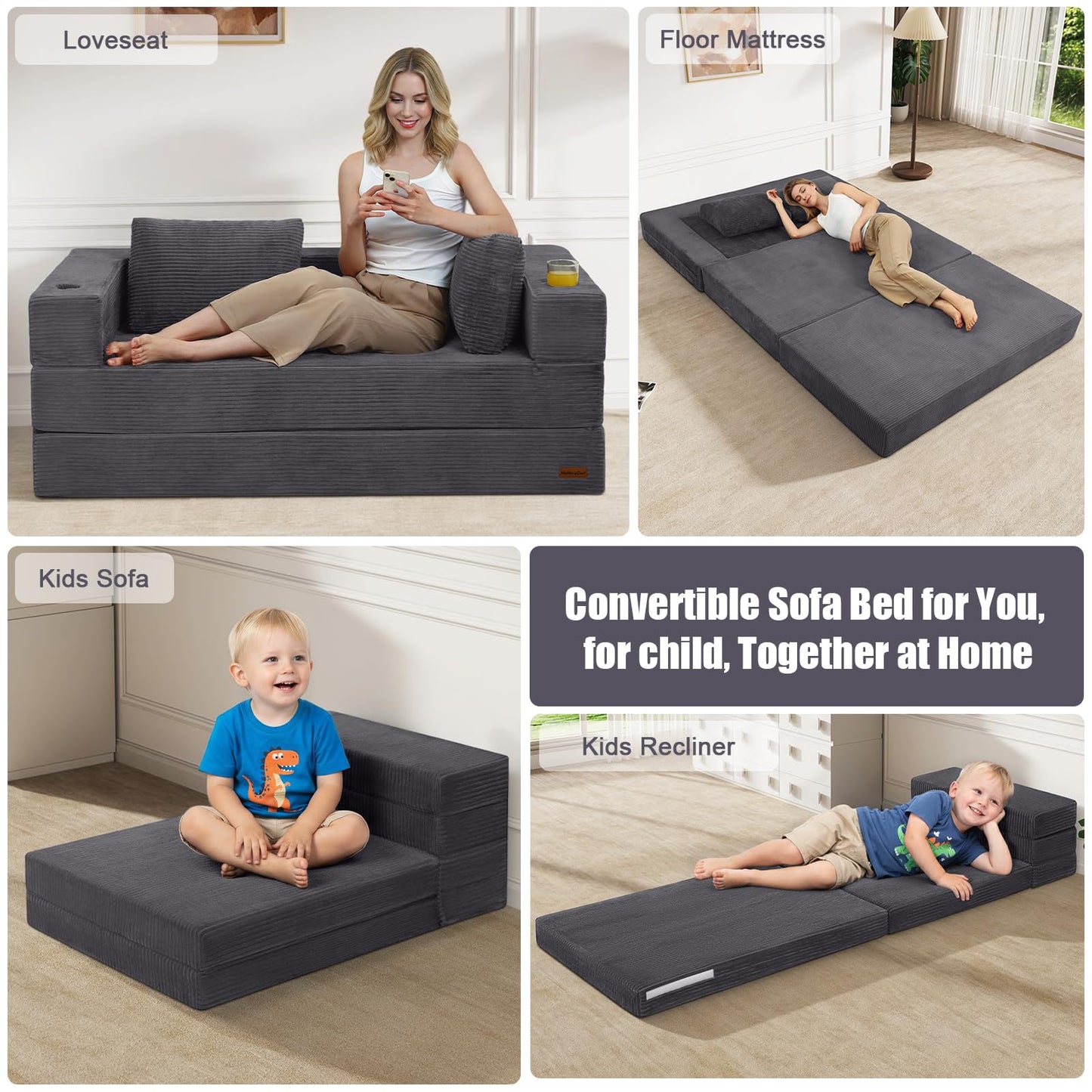 MeMoreCool Futon Couch Convertible Sofa Bed Queen, Folding Floor Couch Bed with Pillow, Corduroy Grey Foldable Sofa Sleeper, Fold Out Boneless Loveseat Lounge for Living Room Small Spaces