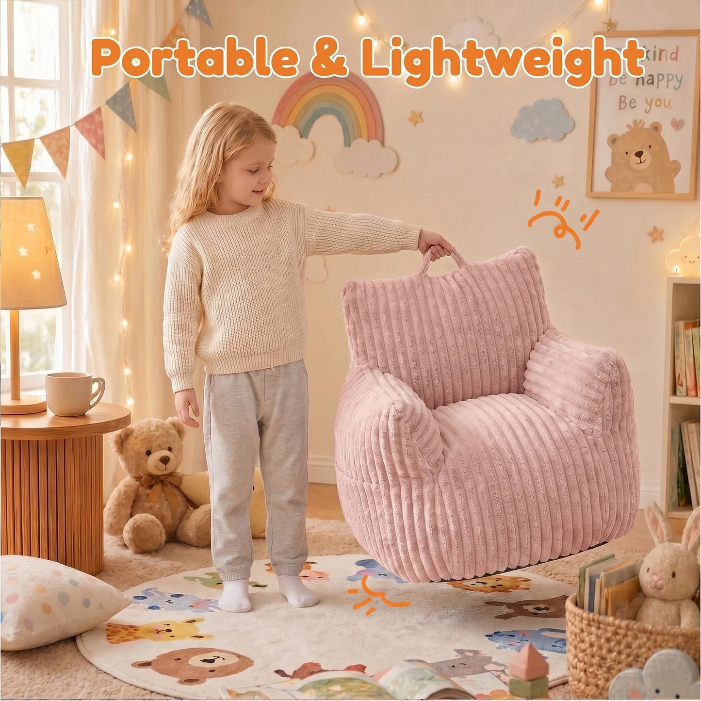 MaxiBean Bean Bag Chair - Plush Faux Fur Floor Seating Furniture Bean Bag Chair for Living Room, Bedroom, Playroom (2.5FT Stripe Pink)