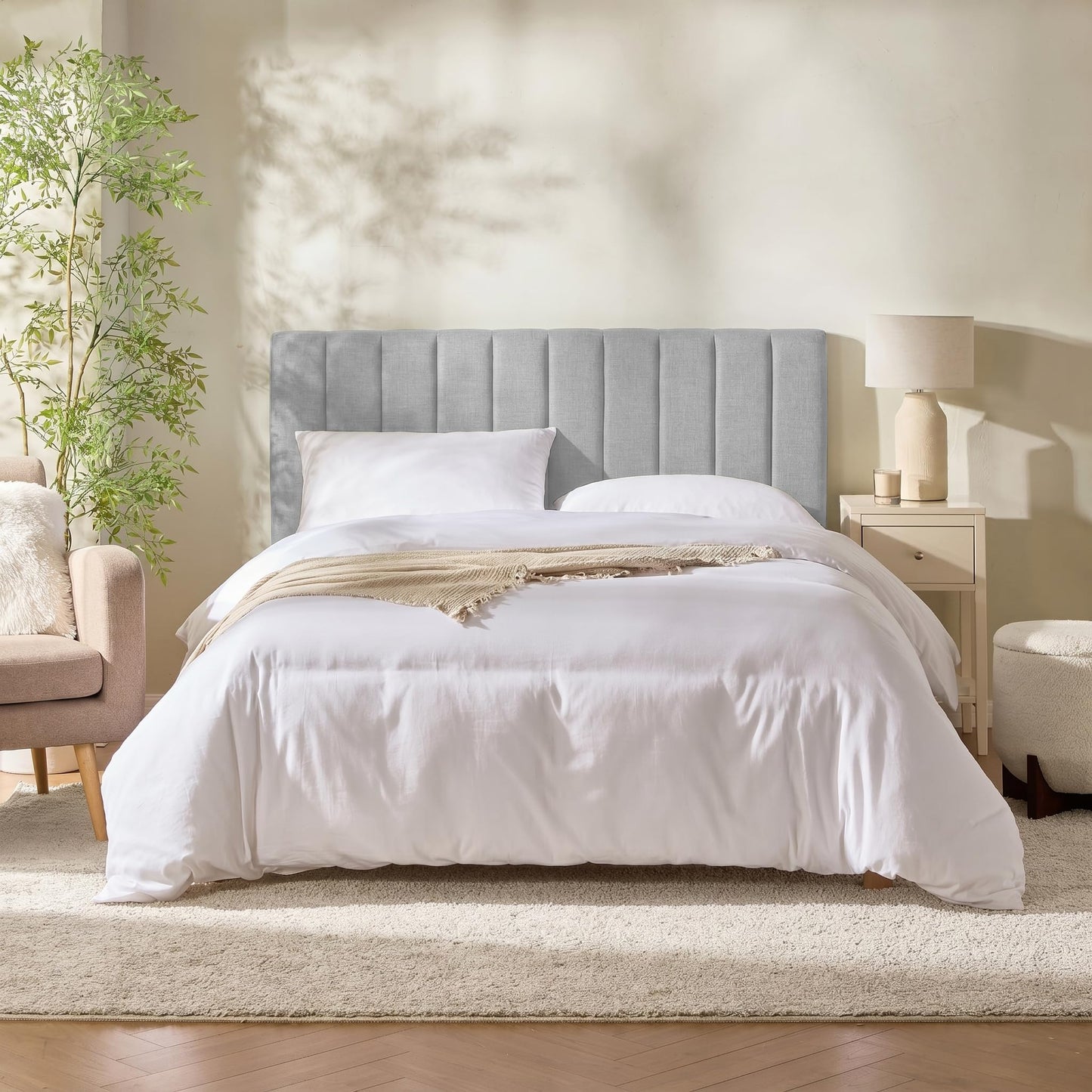 Hearth & Harbor Upholstered Twin Headboard - Easy Assemble Channel Stitched Headboard Twin Size - Wall Mounted Headboards with 3D Soundproof Wall Panels Peel & Stick Floating Headboards, Silver