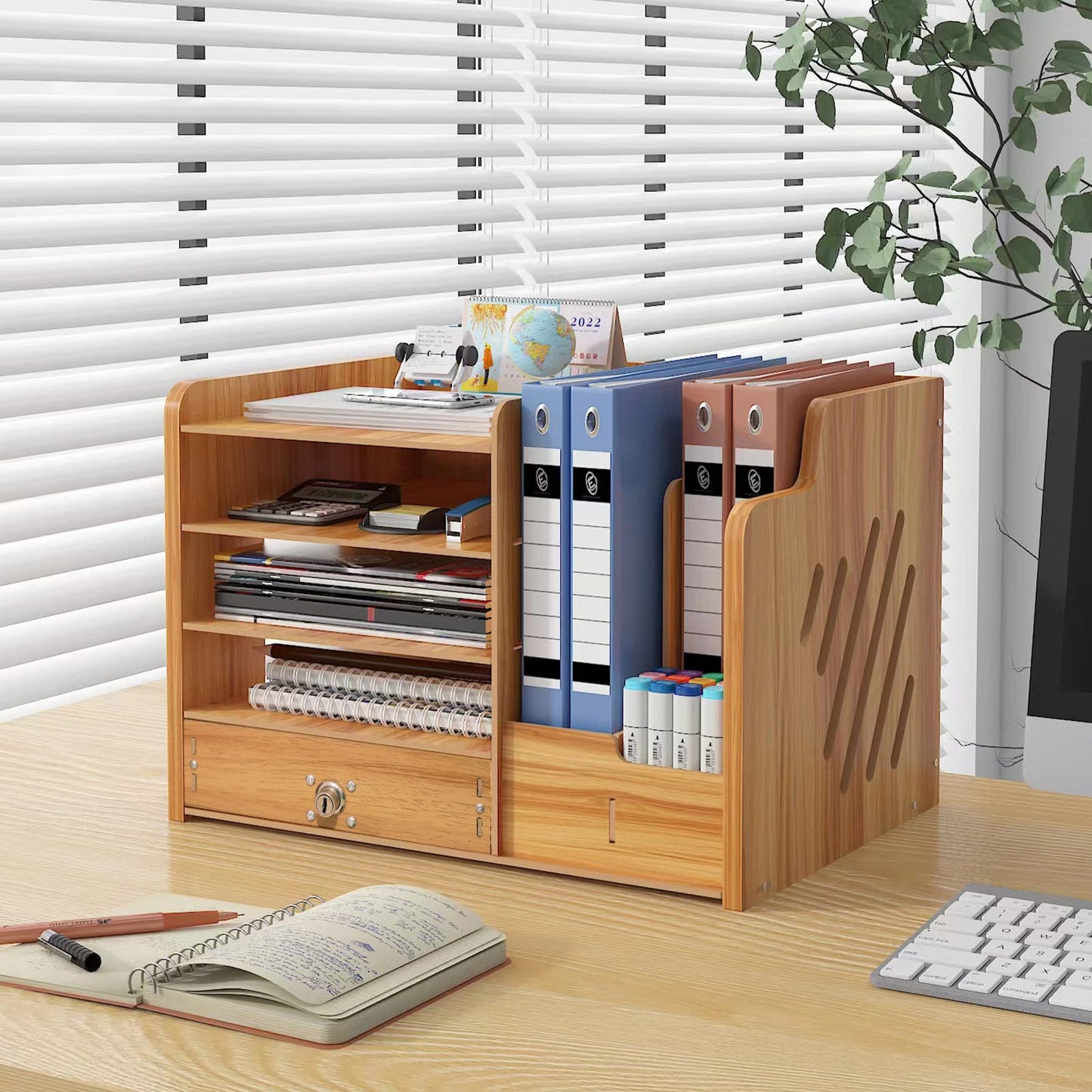 Zyners Bamboo Desk Organizer, Desktop Wood Bookshelf File Organizer, Pen Holder and Tissue Holder, 1 Drawer with lock for Office, Home, Need to Install(Cherry Wood)