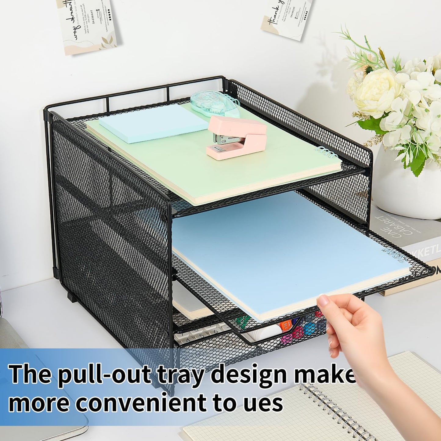 OPNICE Desk Organizers and Accessories, 4-Tier Desktop File Organizer with Drawer, Office Desk Accessories & Workspace Organizers for Office, Home Supplies(Black)
