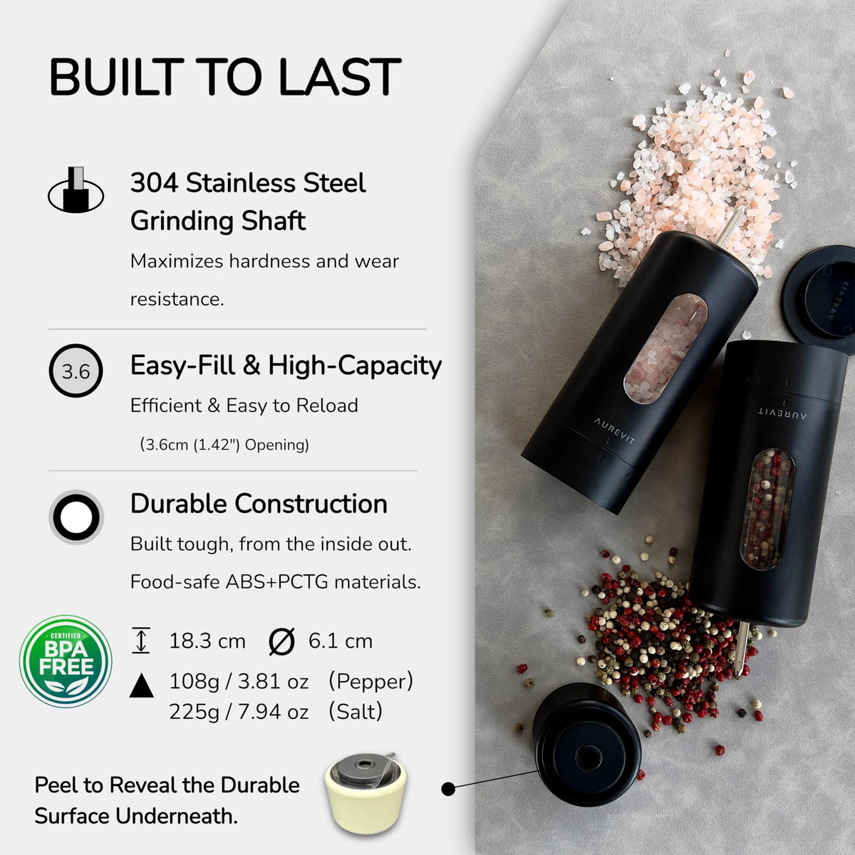 Aurevit Manual Salt Grinder, Single Salt Mill with Ceramic Grinding Core, External Adjustable Coarseness, Refillable, Durable Design (Buttercream)