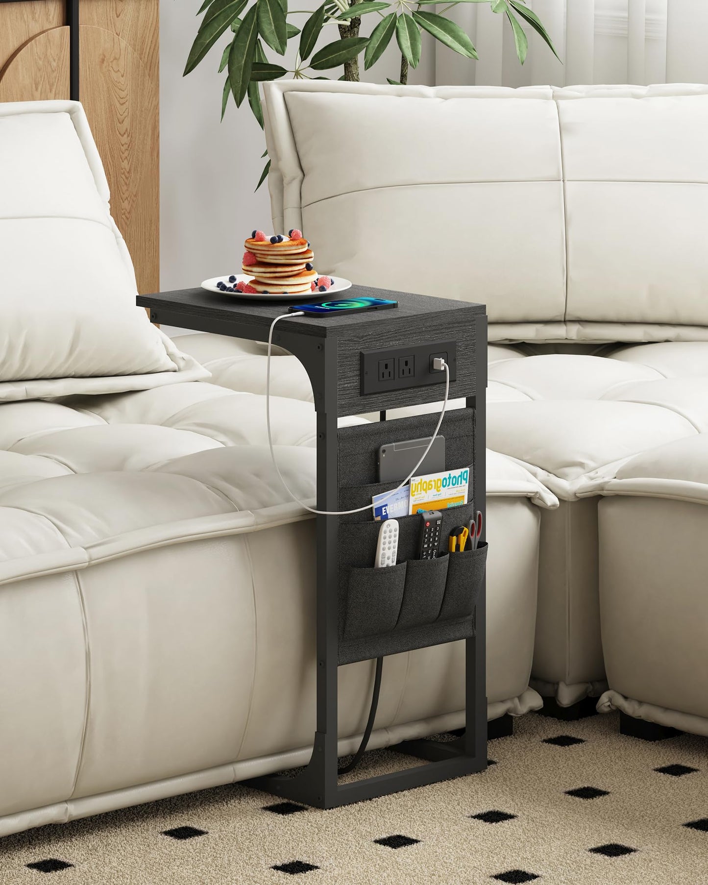 TUTOTAK C Shaped End Table with Charging Station, Side Table for Sofa and Couch with Storage, TV Tray Table with 2 USB Ports & Outlets - Black TB01BK024
