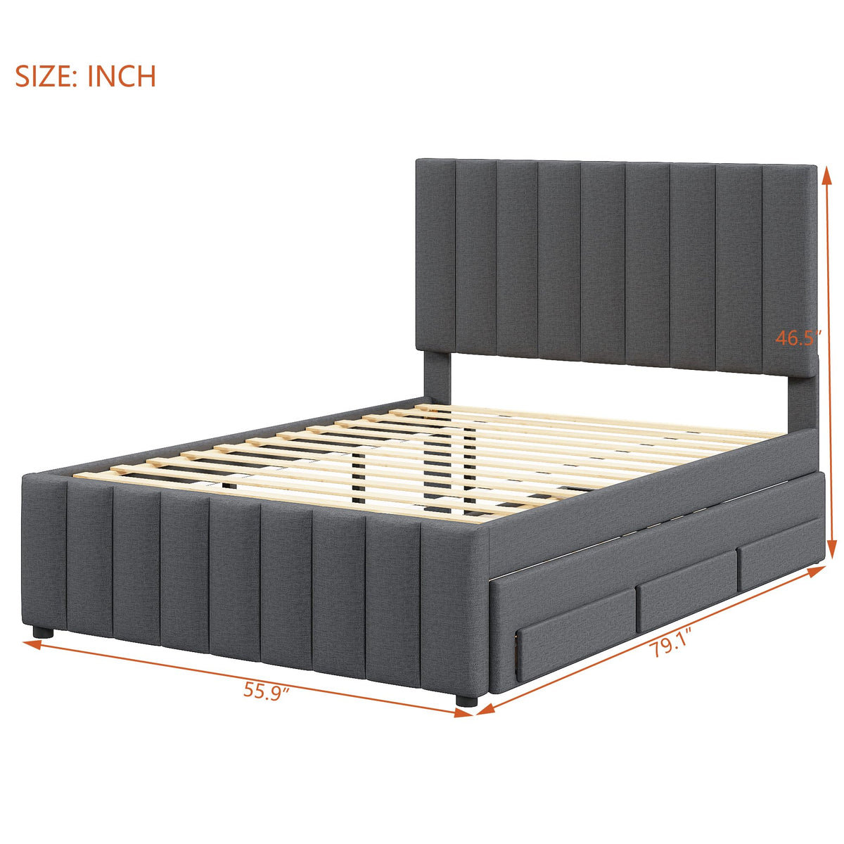 Merax Full Size Upholstered Platform Bed with Trundle and 3 Storage Drawers, Full Bed Frame & Tall Stripe Headboard for Bedroom, Solid Wood Slats Support, No Box Spring Needed, Easy Assembly, Gray