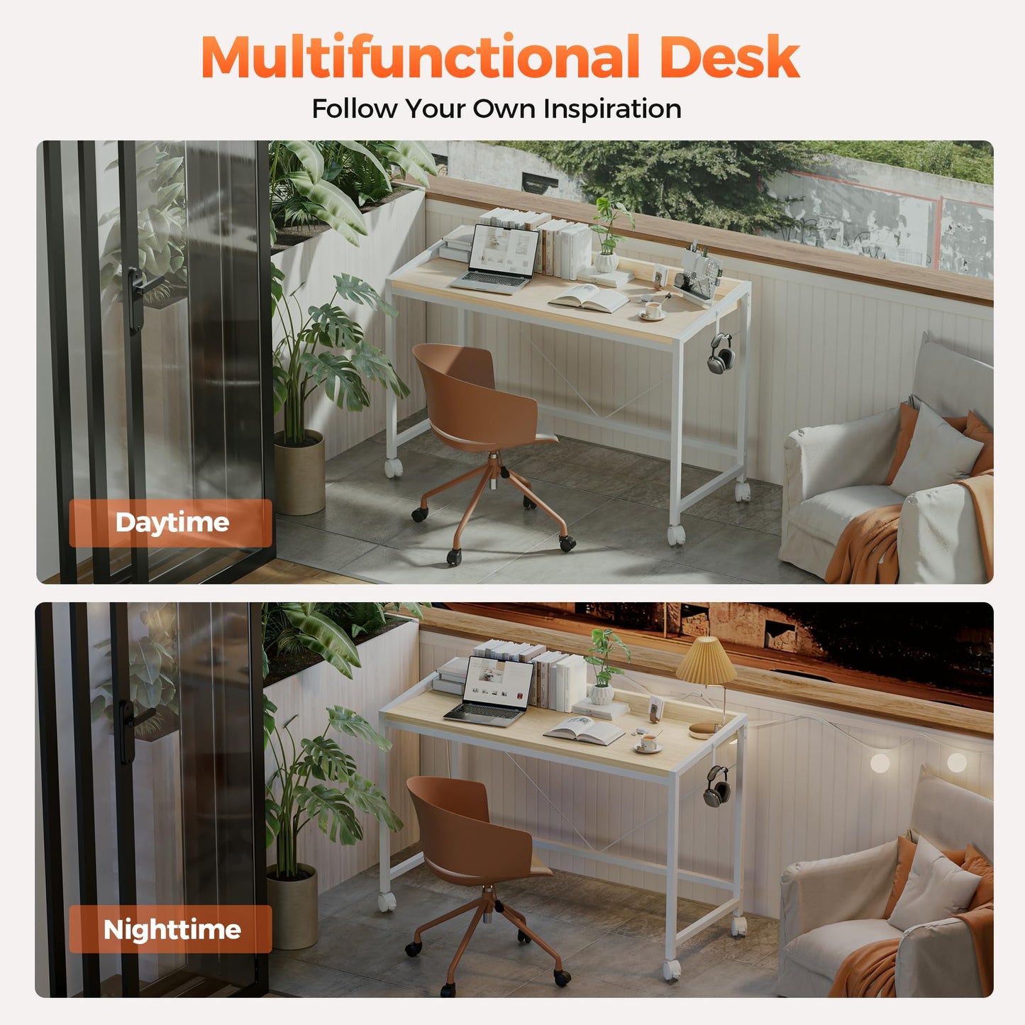 Mericonia 40 inch Rolling Computer Desk with Wheels, Gaming Desk for Small Spaces, Modern Simple Style Table for Home Office, Study Writing Table
