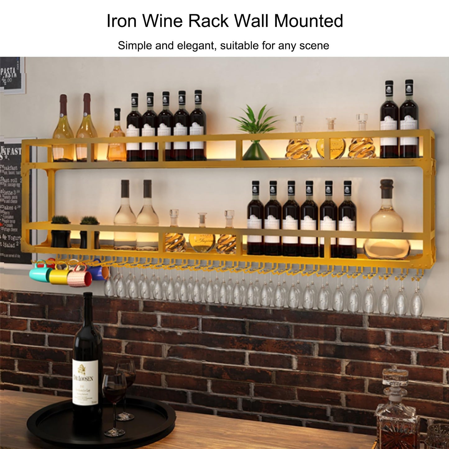 Floating Wall Wine Rack with Light Liquor Bottle Display Shelf and Hanging Wine Glass Rack Perfect for Home Bar Cafe or Restaurant Gold Color