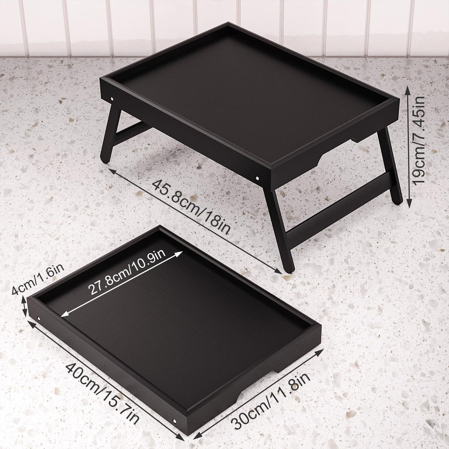 Fibogollo 2 Pack Bamboo Bed Tray Table with Folding Legs,Breakfast Trays,Serving Tray for Food and Snack,Laptop Trays for Working(Black)