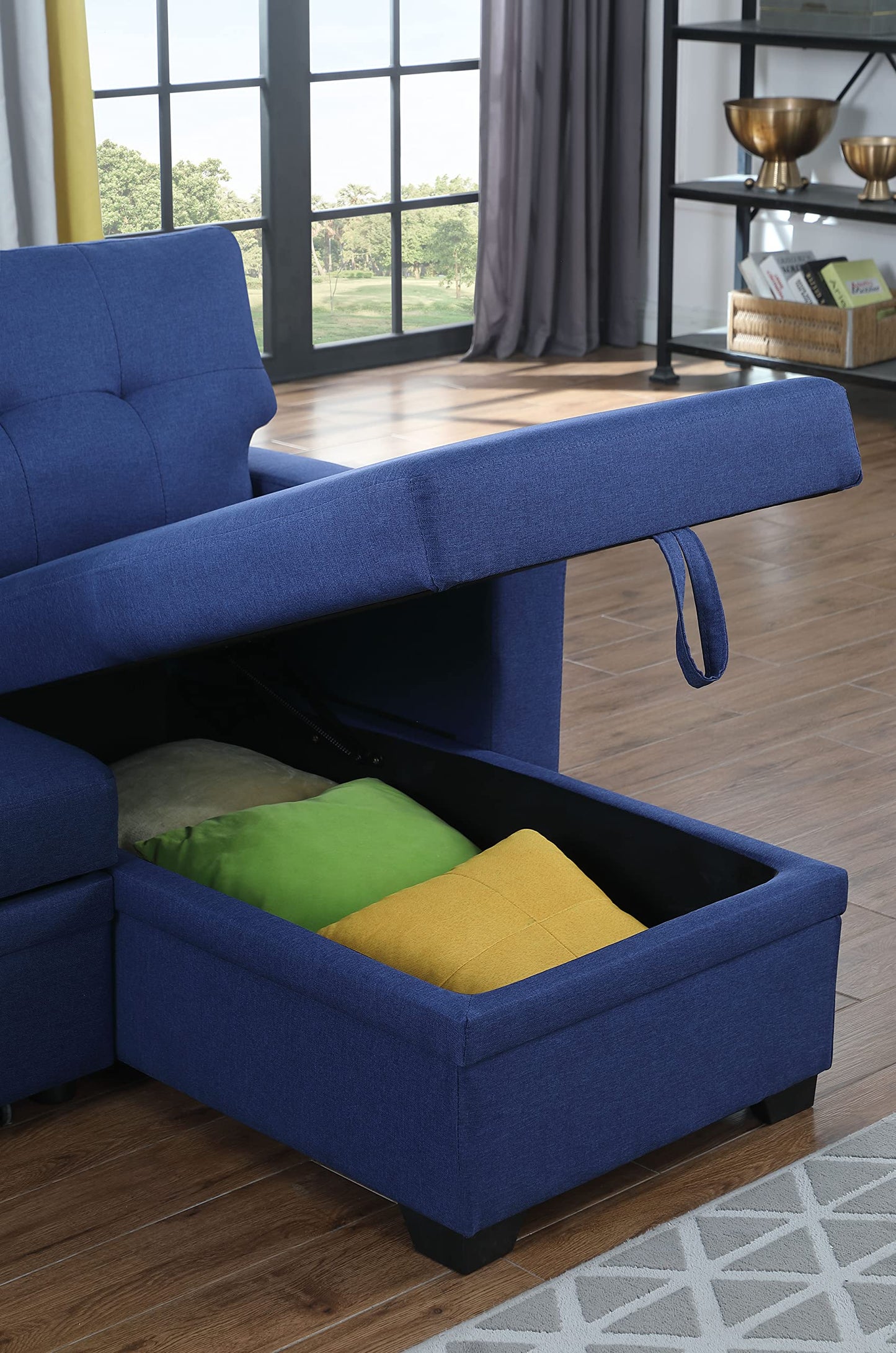 Acosure 82" Sleeper Couch with Pull Out Bed,L-Shape Upholstered Sectional Small Sofa W/Storage Chaise,Tufted Backrest Design,3 Seat Linen Convertible Sofas for Living Room Apartment Office,Blue