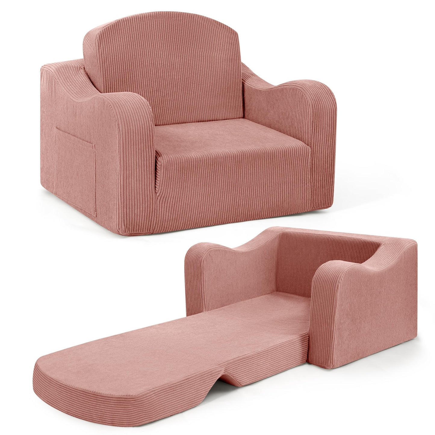 aodisman 2-in-1 Kids Chair and Couch, Thick Cozy Corduroy Kids Sofa, Convertible Foam Seating for Reading, Playing, Removable Washable Cover,Pink