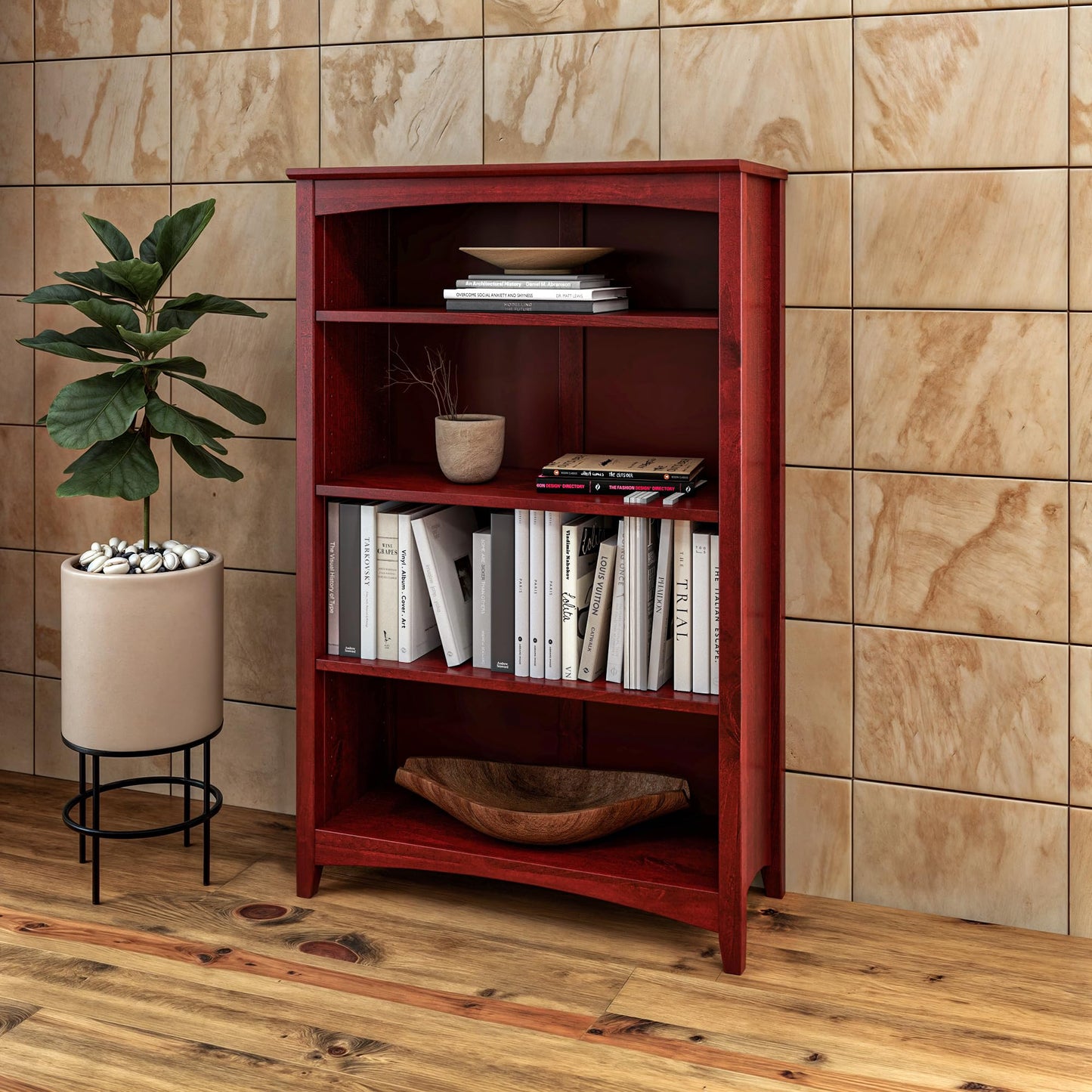 Camaflexi Shaker Style 4 Shelf Bookcase/Solid Wood / 48" High/Adjustable Shelving/Closed Back/Display Bookshelf for Living Room, Bedroom, Home and Office, Red Garnet Stain