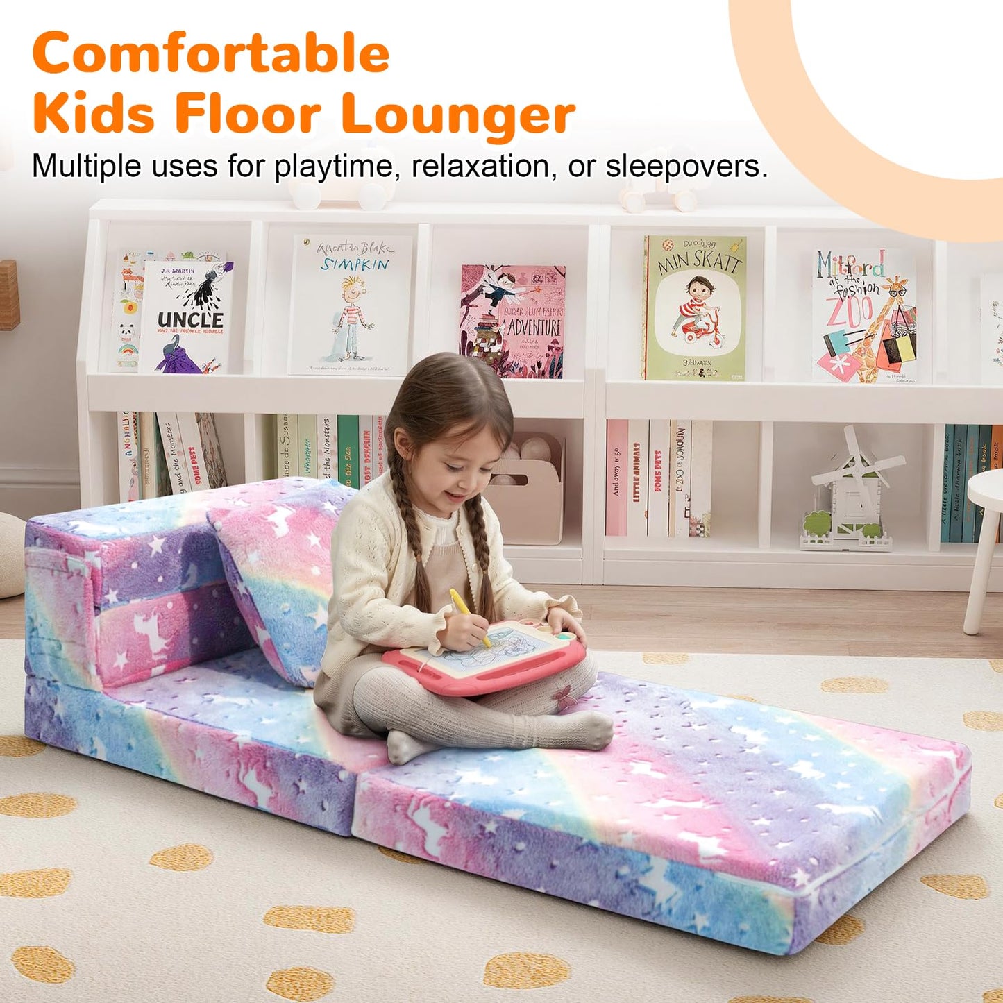 MeMoreCool Glow Rainbow Unicorn Tri-fold Sofa Bed for Kids, Foldable Futon Mattress, Chair, and Floor Couch for Playroom