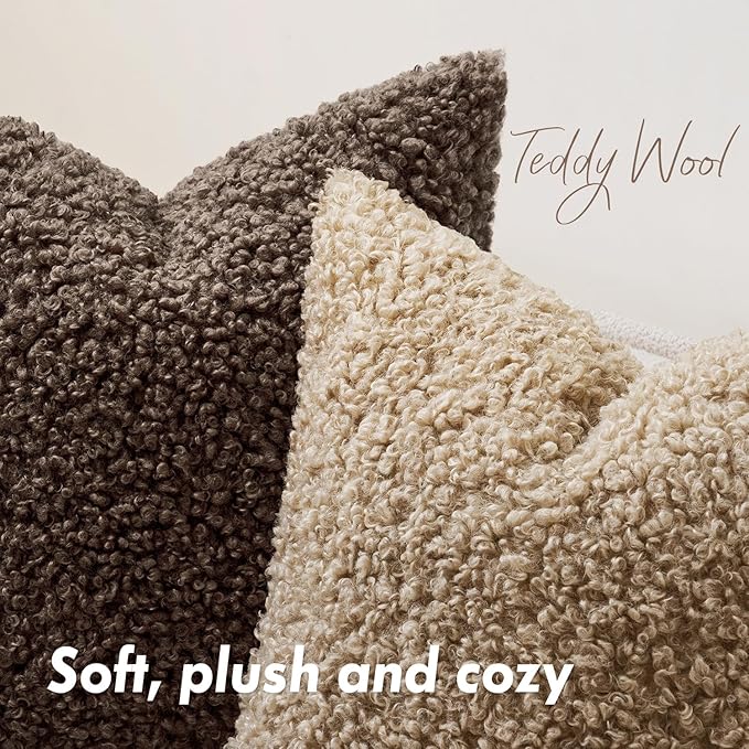 Faux Fur Throw Pillow Covers 18x18 Inch Set of 2 Boucle Neutral Decorative