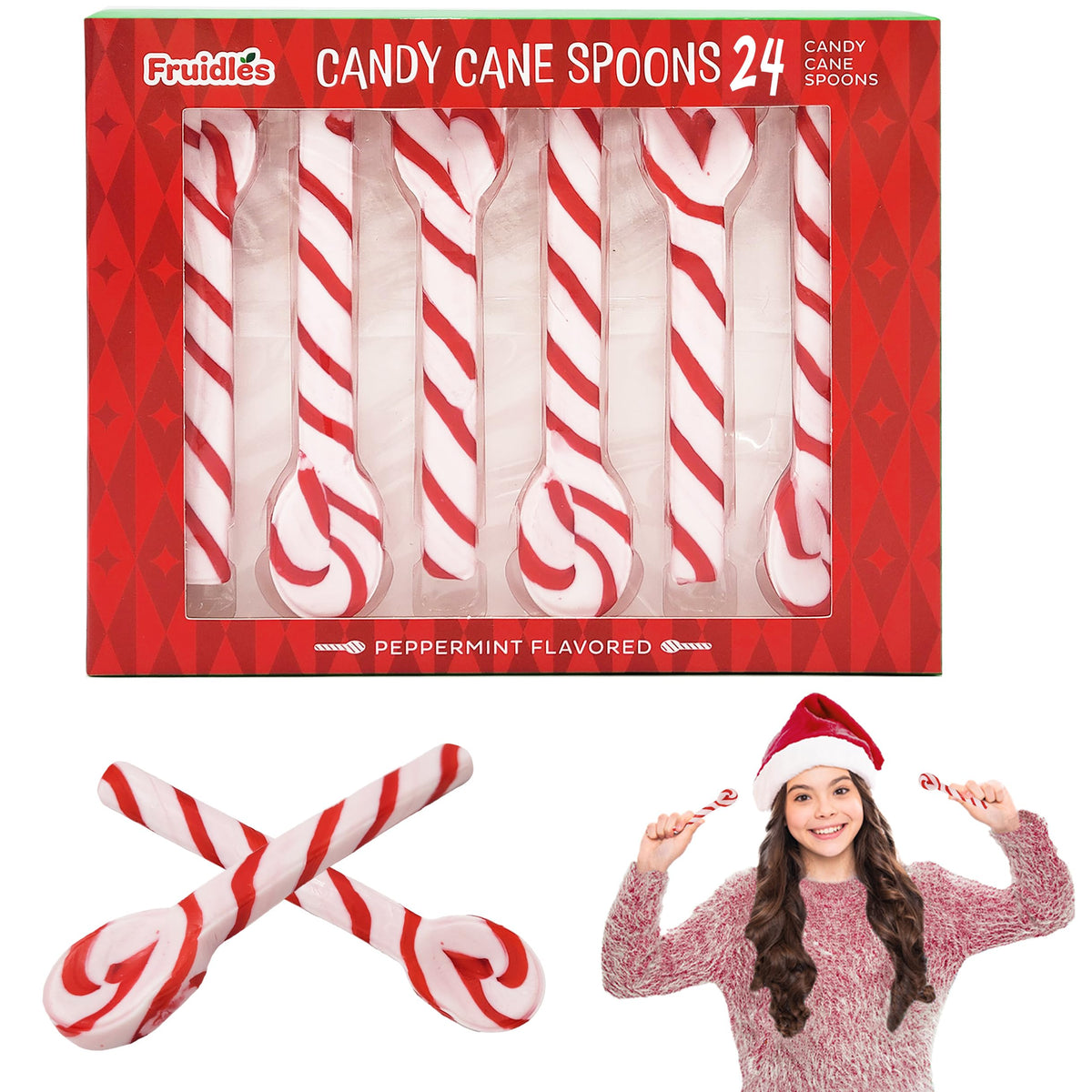 Fruidles Christmas 24-Pack Spoon Candy Canes Suckers, Peppermint Flavor in Box (24 Pack)