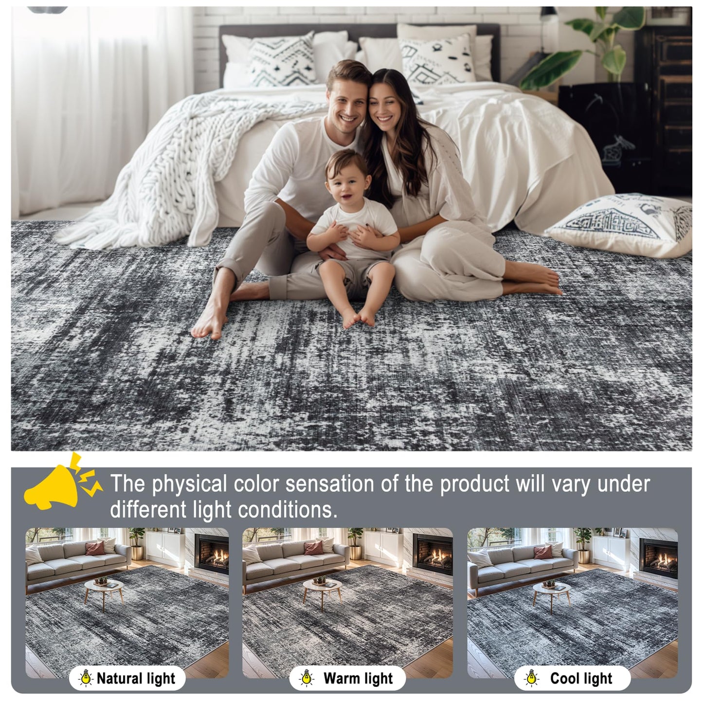 8x10 Area Rugs for Living Room - Washable Rug Modern Abstract Soft Large Neutral Non-Slip Carpet Indoor Floor Thin Carpets for Bedroom Dining Room Farmhouse Nursery Home Office Dark Black