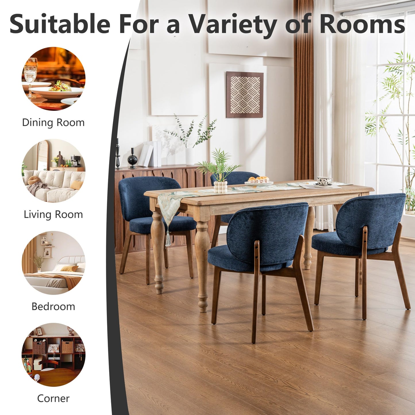 YOUNIKE Dining Chair with Back Single Mid Century Modern Kitchen Chair Boucle Fabric Upholstered Armless Chair 20" Wide Padded Seat with Wooden Legs for Kitchen Dining Living Room Bedroom Navy Blue