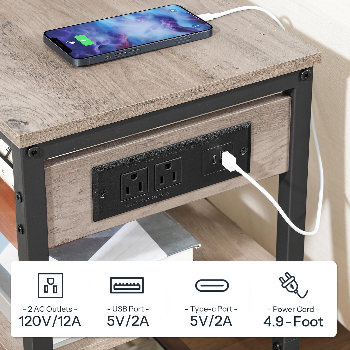 HOOBRO End Table with Charging Station, Side Table with 3 Tier Storage Shelf, Narrow Nightstand for Small Spaces, for Living Room, Bedroom, Easy Assembly, Greige and Black BG149UBZ01