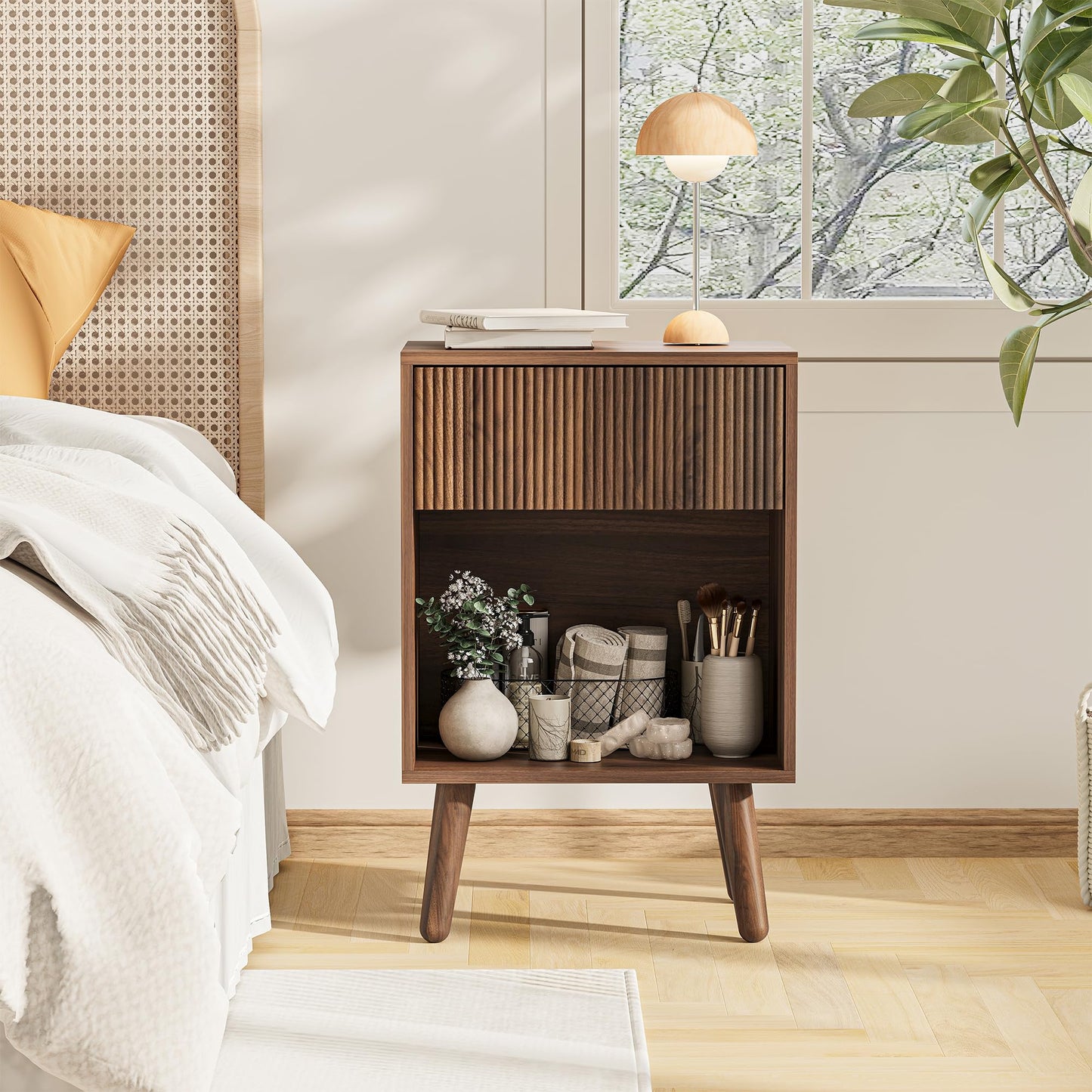 Nightstand, Modern Bedside Table with Storage Drawers and Open Wood Shelf, Night Stand with Solid Wood Legs, End Tables Side Tables for Living Room, Bedroom Walnut