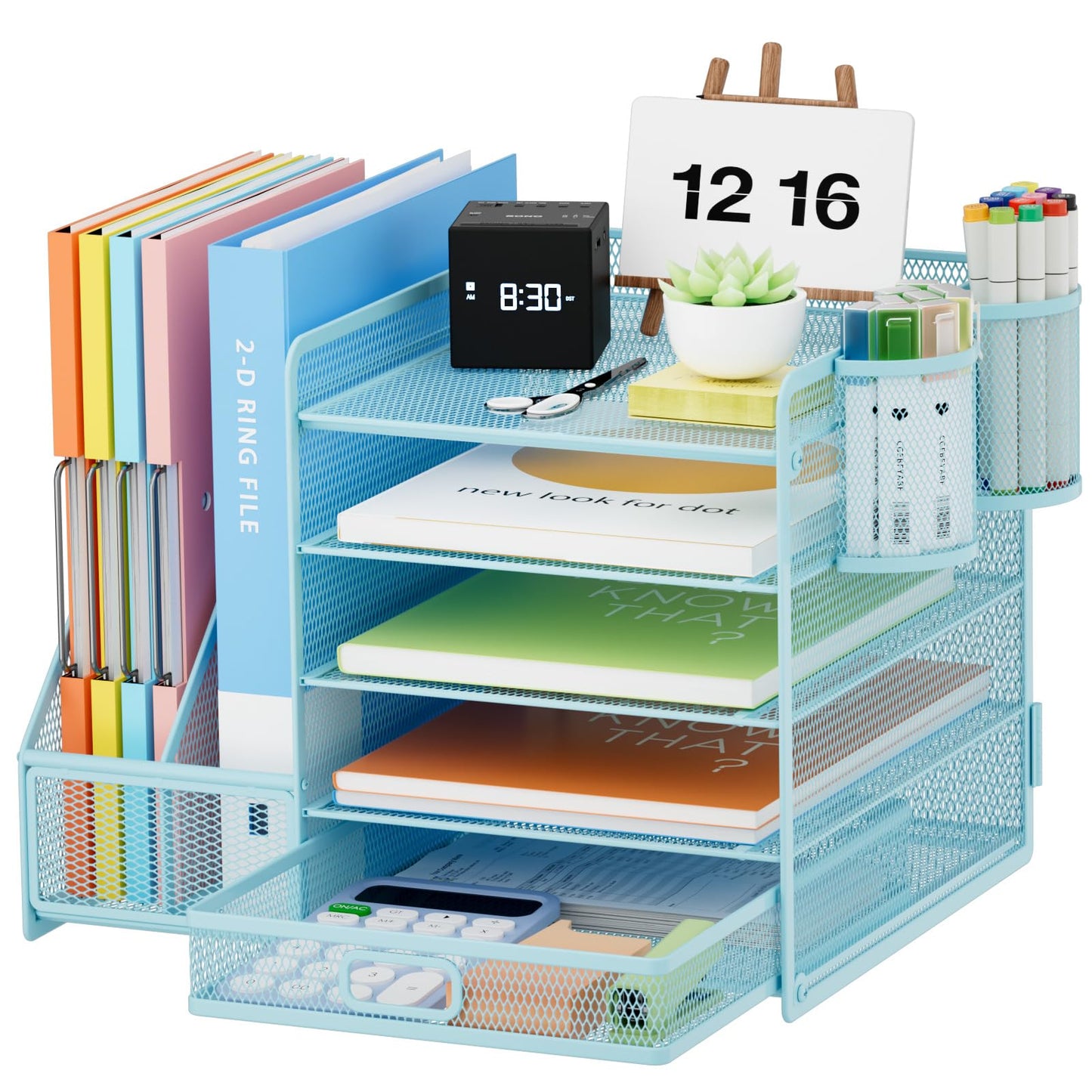 Marbrasse Desk Organizer with File Holder, 5-Tier Paper Letter Tray Organizer with Drawer and 2 Pen Holder, Mesh Desktop Organizer and Storage with Magazine Holder for Office Supplies(Blue)