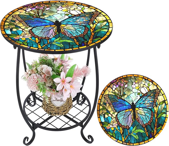 Cinnvoice Outdoor Side Table Round Small Mosaic Patio Accent Indoor End Plant