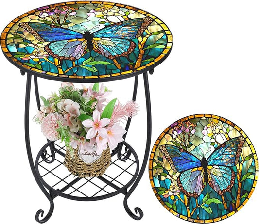 Cinnvoice Outdoor Side Table Round Small Mosaic Patio Accent Indoor End Plant