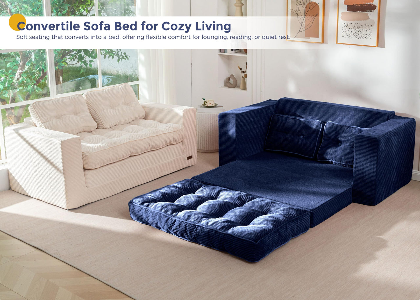 MAXYOYO Convertible Sofa Bed, Pull Out Loveseat Sofa Couch, 2 in 1 Folding Couch Bed, Fold Out Floor Couch with Pillows for Living Room Lounge, Navy