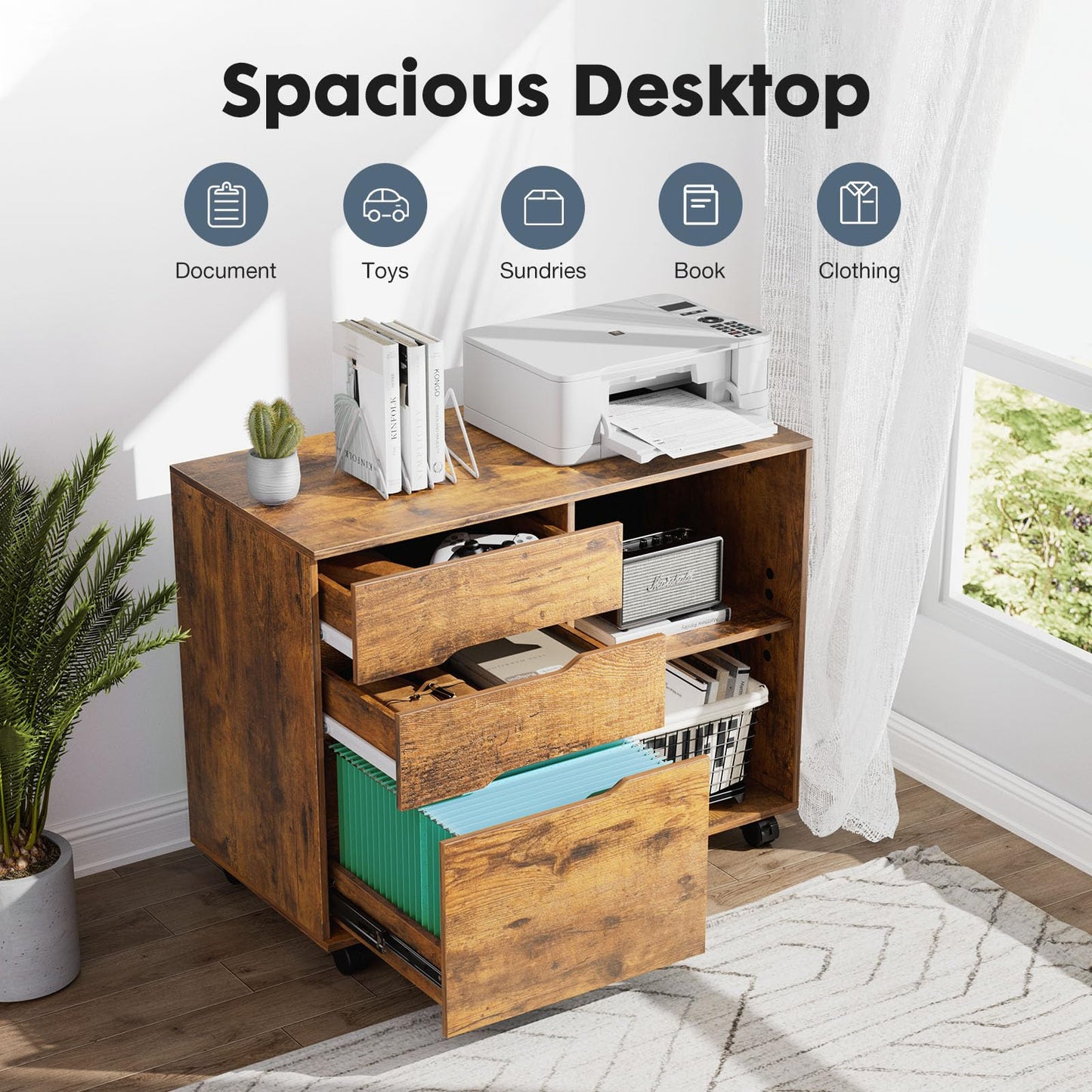 DUMOS Rolling File Cabinet with 3 Drawers, Wood Under Desk Printer Stand with Wheels and Adjustable Shelves, Lateral Filing Cabinet for Home Office, Small Space Storage Organizer, Brown