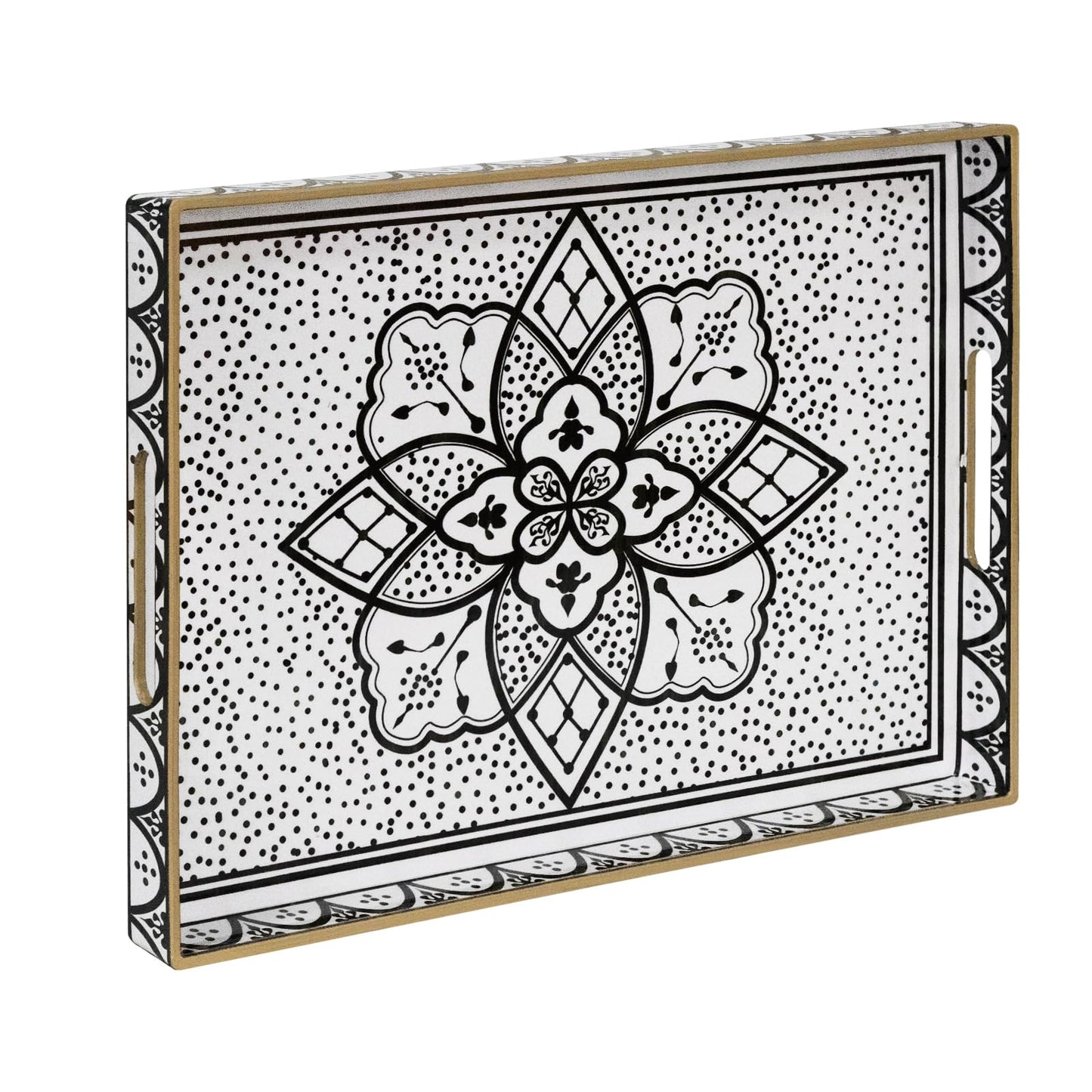 MAONAME Plastic Serving Tray with Handles, Modern Black Tray for Coffee Table, Rectangular Trays with Flower Pattern, Decorative Trays for Ottoman, 15.8" Lx 11.8" W X 1.6" H