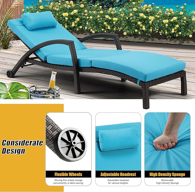 HOMREST Chaise Lounge Chairs Set of 4, PE Rattan Wicker Lounge Chair