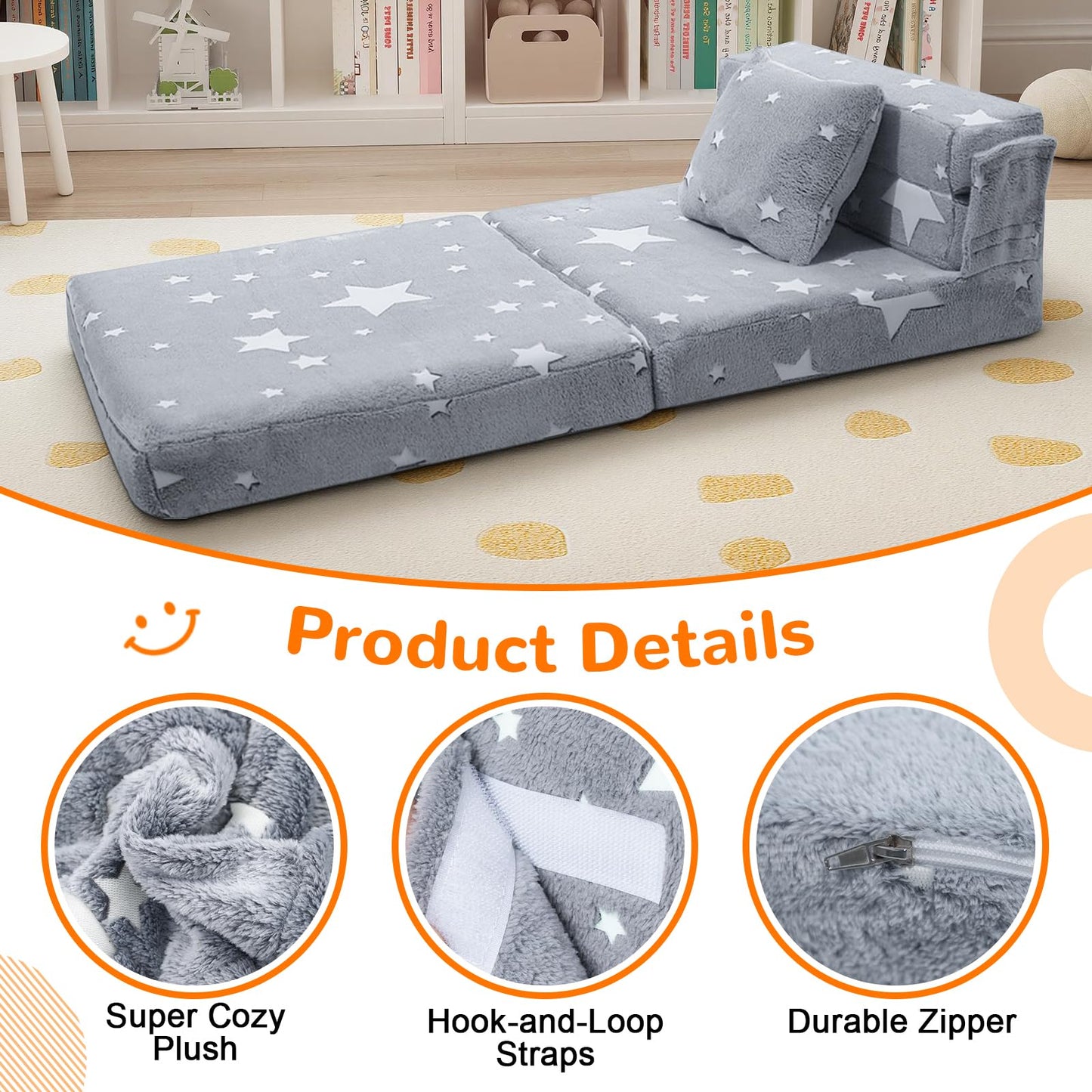 MeMoreCool Kids Tri-Fold Sofa Bed – Glow Star Floor Mattress & Foldable Futon Chair Convertible Toddler Couch | Soft Plush Lounge Mat | Playroom Furniture | Includes Pillow