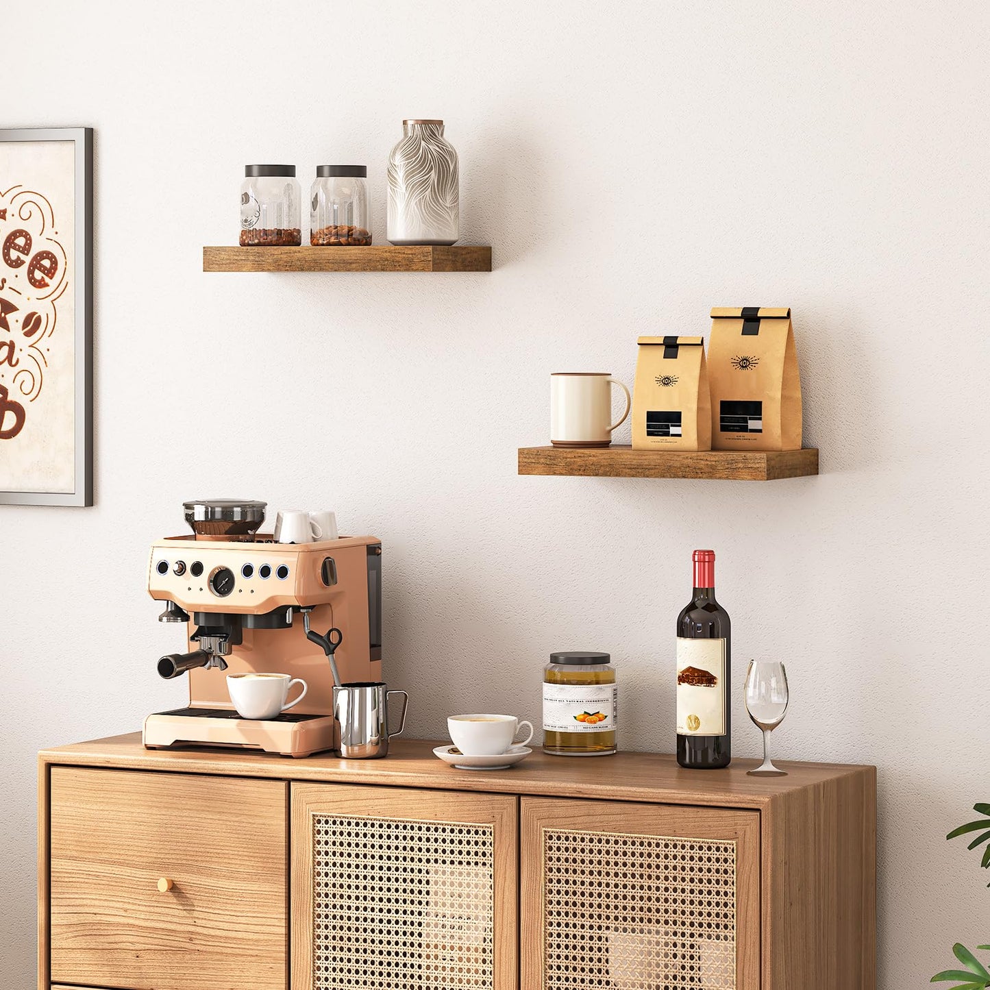 HOOBRO Floating Shelves for Wall, Wall Mounted Shelf Set of 2, 15.7" Hanging Shelf with Invisible Brackets, for Wall Decor Storage in Bathroom Bedroom Kitchen Living Room Office, Rustic Brown BF40BJ01
