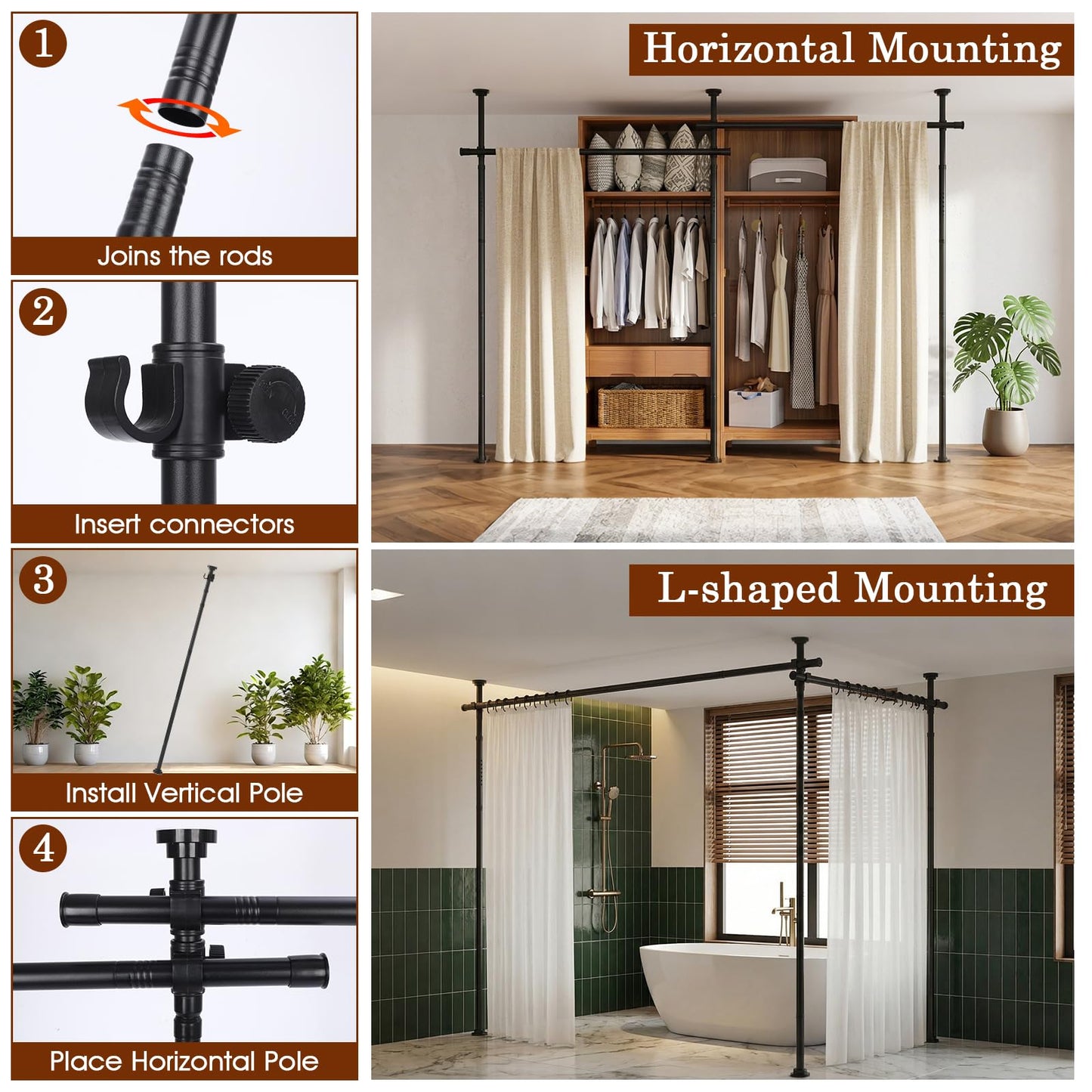 Fazlino Room Divider No Drilling, 28-140 Inch Wide Adjustable Curtain Rod, 4-10ft Height Heavy Duty Partition Space Separator, Freestanding Tension Rod for Room Separation, Black