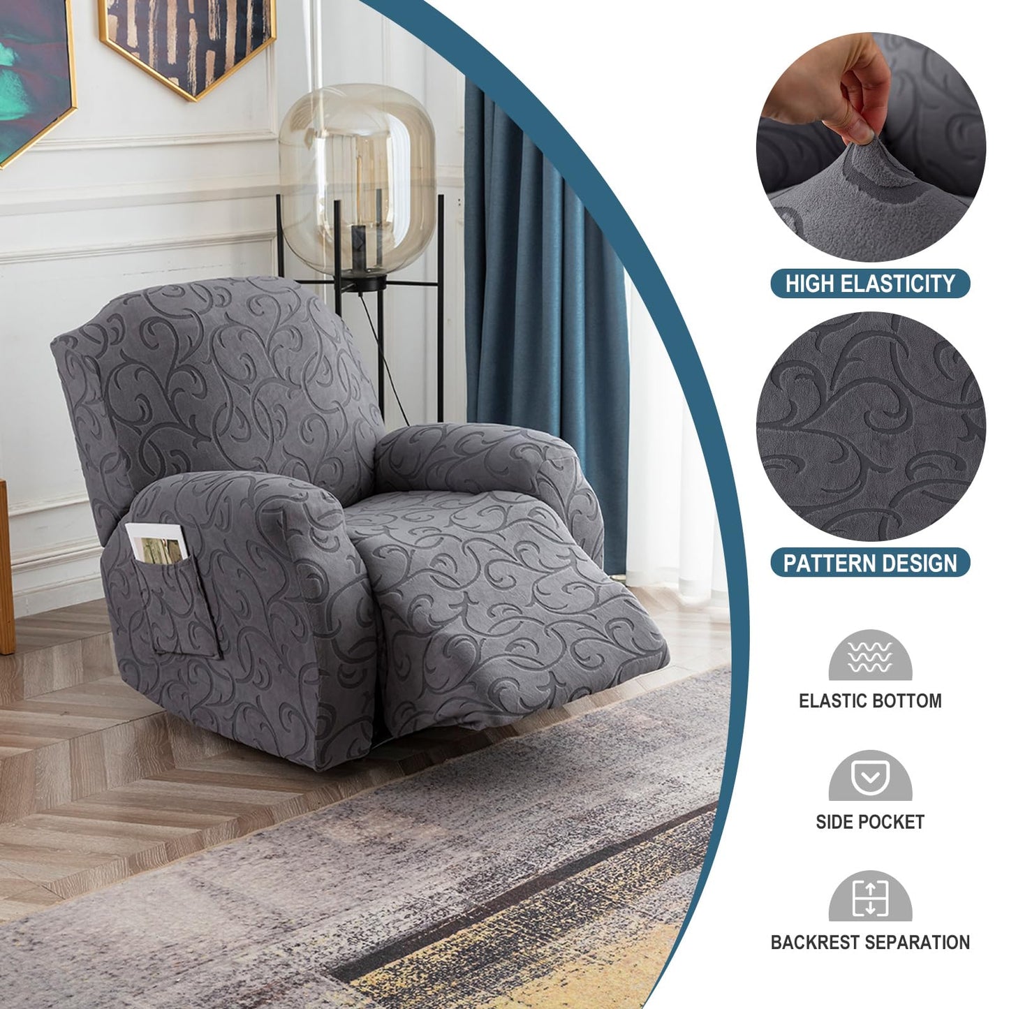 YUEANG 4 Pieces Recliner Cover Stretch Sofa Slipcover, Sofa Couch Cover for Reclining Couch 1 Seat, Washable Furniture Protector with Elastic Bottom for Kids, Dog