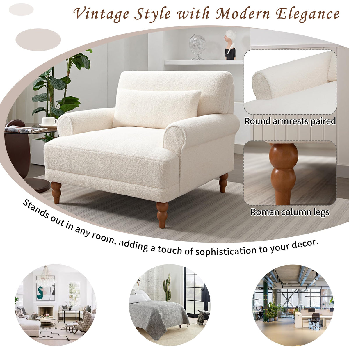 Merax Accent Chair with Circular Armrests, Upholstered Armchair Single Sofa with Vintage Roman Column Legs for Living Room, Bedroom, Study, Ergonomic Lumbar, Boucle, Beige