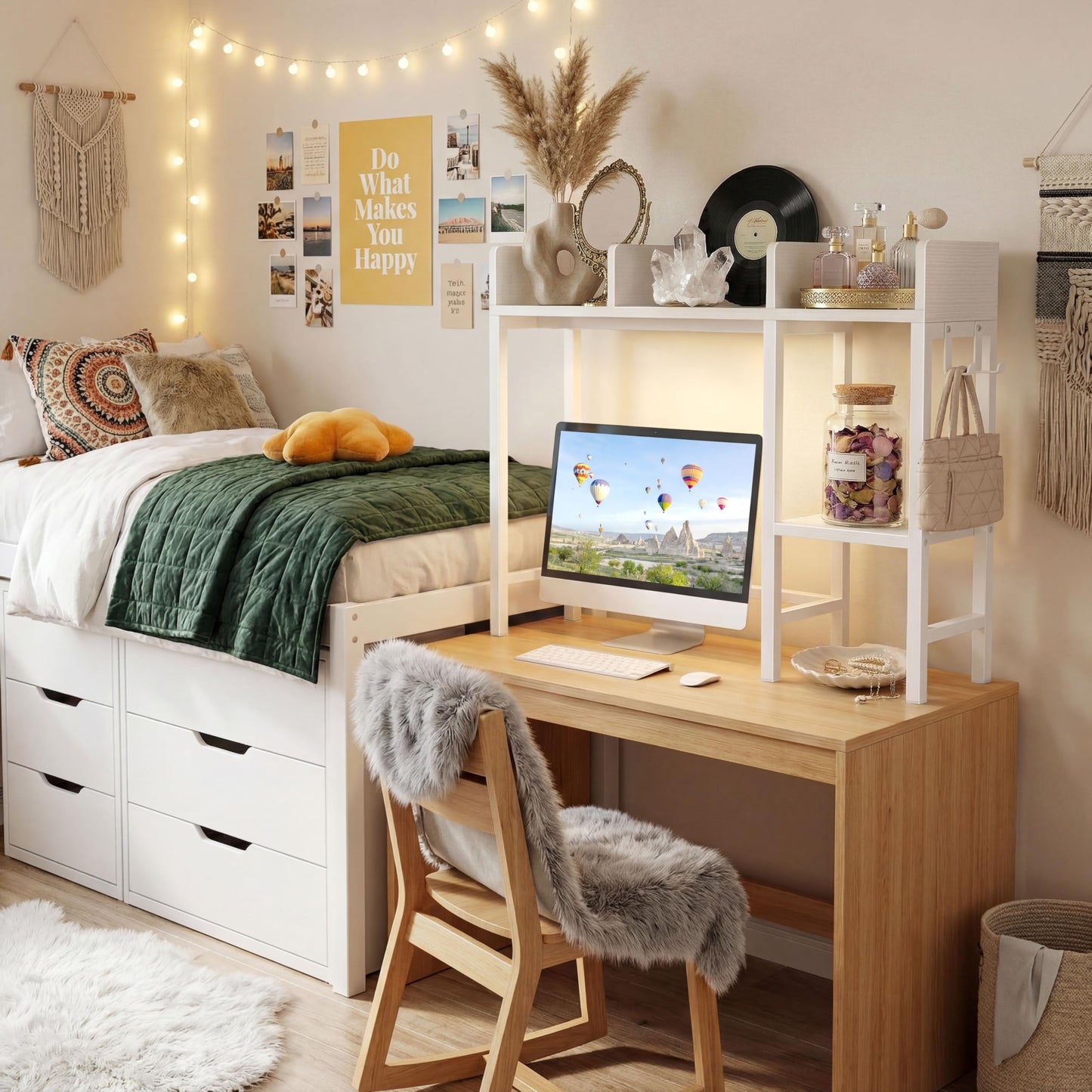 BOLUO Desk Hutch Dorm Room, Desktop Bookshelf for Computer Desk 37" Hutch Organizer Tabletop Storage Rack for College Essentials Home Office White