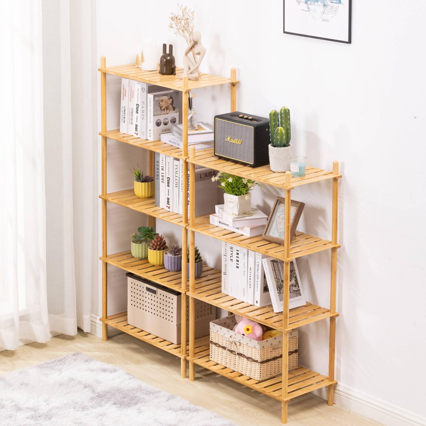 GOGOGO 4-Tier Expandable Bamboo Bookshelf - 150LBS Heavy-Duty, Tool-Free Assembly, Multifunctional Storage for Bathroom/Kitchen/Office Holder Plant Flower Stand (1, Natural, 4-Tier 12.8" D)