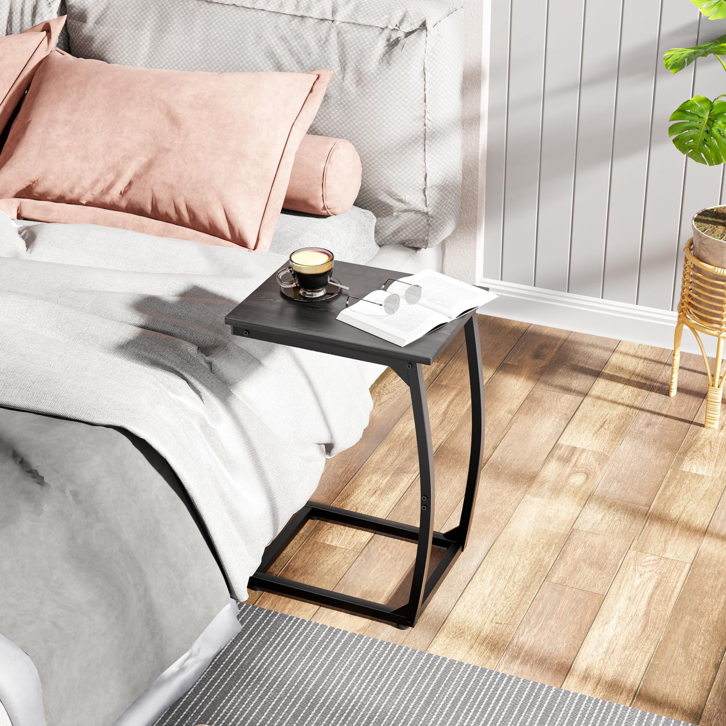 LAKEMID C Shaped End Table Set of 2,Side Table for Couch,Curved Support Legs, Slide Under Couch Table for Sofa, TV Tray Table for Living Room Bedroom(Black)