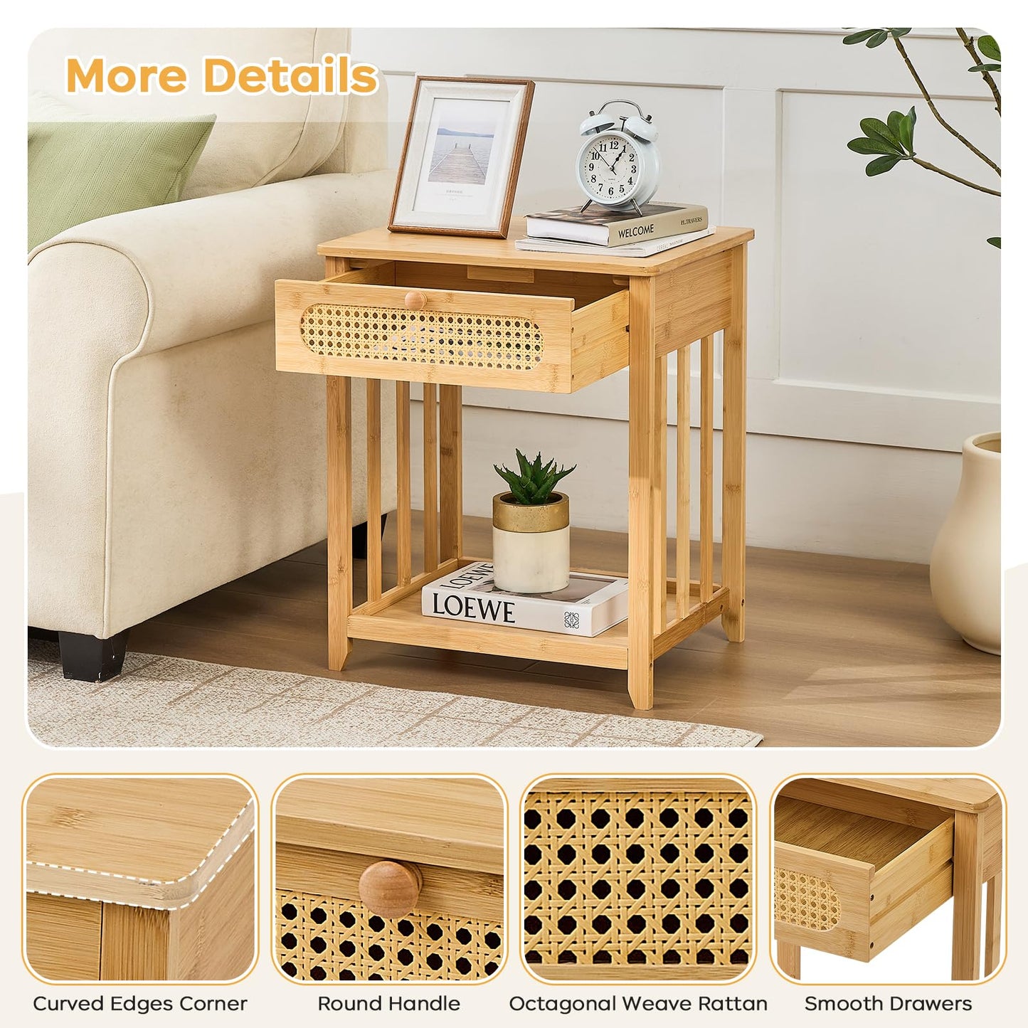 oakvivo Nightstand Set of 2, Rattan Night Stand Bedside Table with Drawer, 19.7" W Bamboo End Tables with Open Storage Shelf, Boho Sofa Bed Side Table for Bedroom, Living Room, Sofa, Couch, Natural