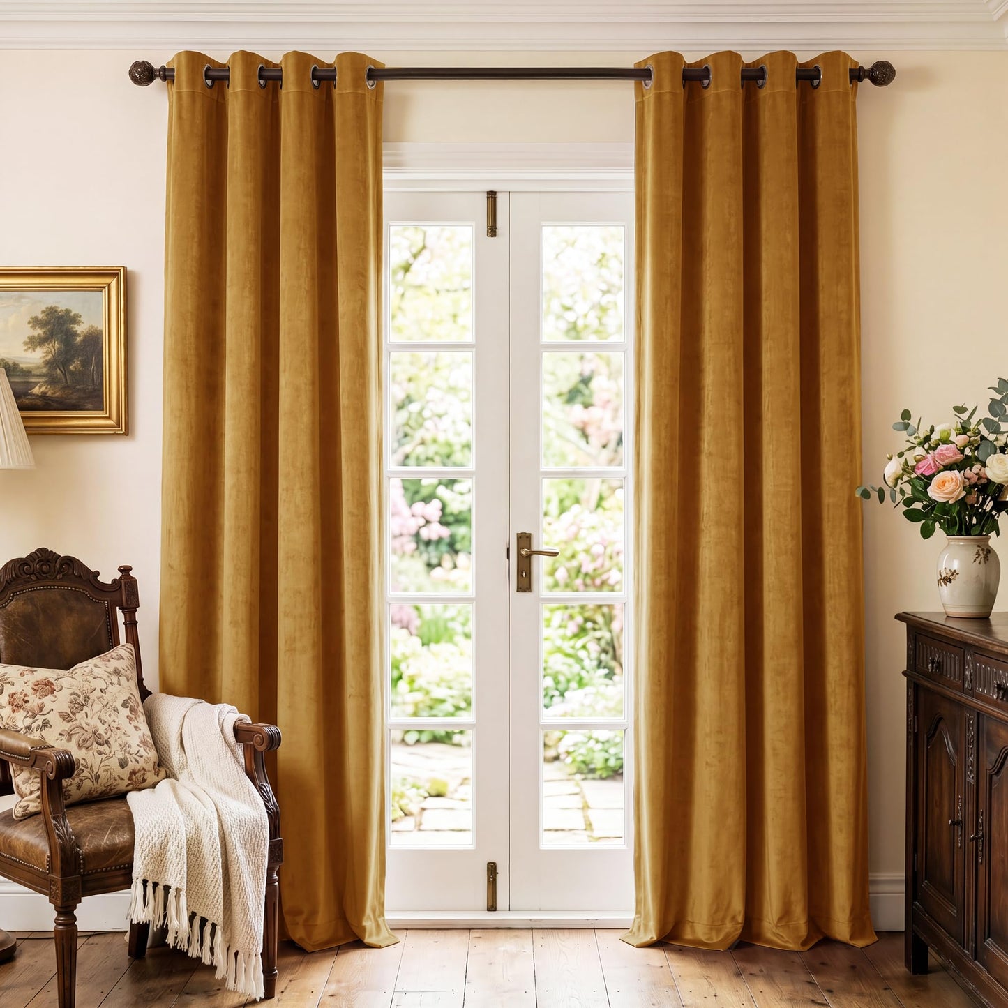 StangH Mustard Gold Velvet Curtains 108 inches Long, Luxury Room Darkening Home Decorative Curtain Drapes for Birthday Party/Holiday/Studio/Backdrop, Grommet Top, W52 x L108, 2 Panels