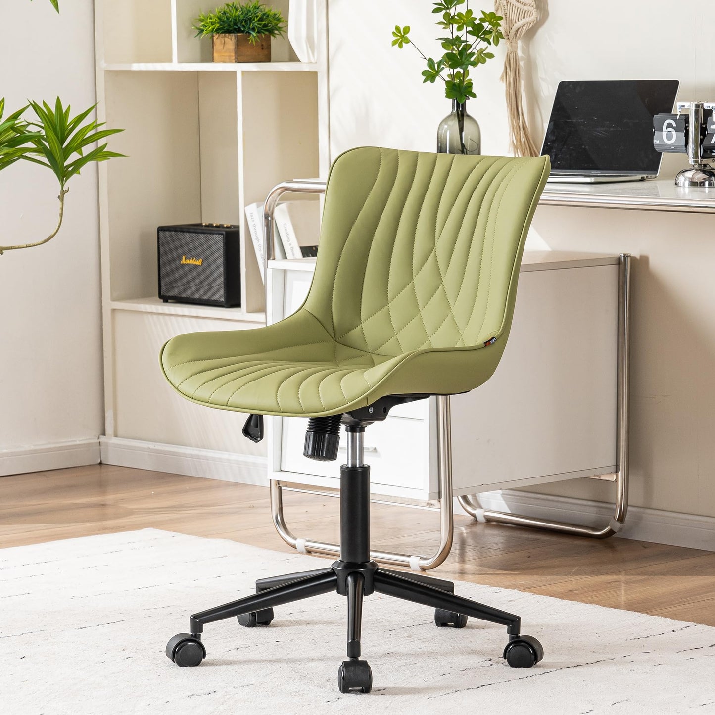 YOUNIKE Office Chair, Armless Desk Chair with Wheels, Home Office Computer Task Chairs, Modern Faux Leather Padded Vanity Chair, Adjustable Swivel Rolling Chairs with Back, Avocado Green