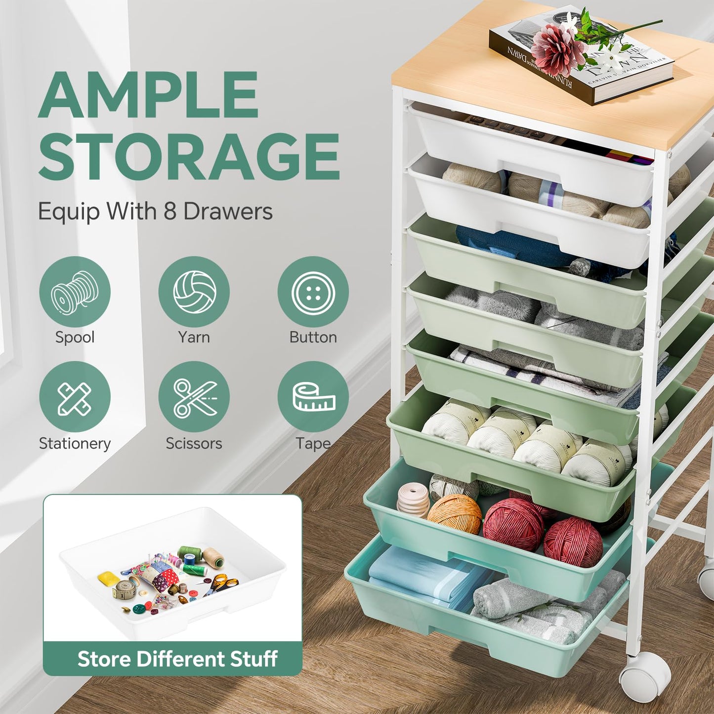 Ekisemio Rolling Cart with 8 Drawers, Storage Drawers Cart with Wooden Tabletop and Lockable Wheels, Utility Cart for Living Room, Office, Classroom, Craft Room, Green