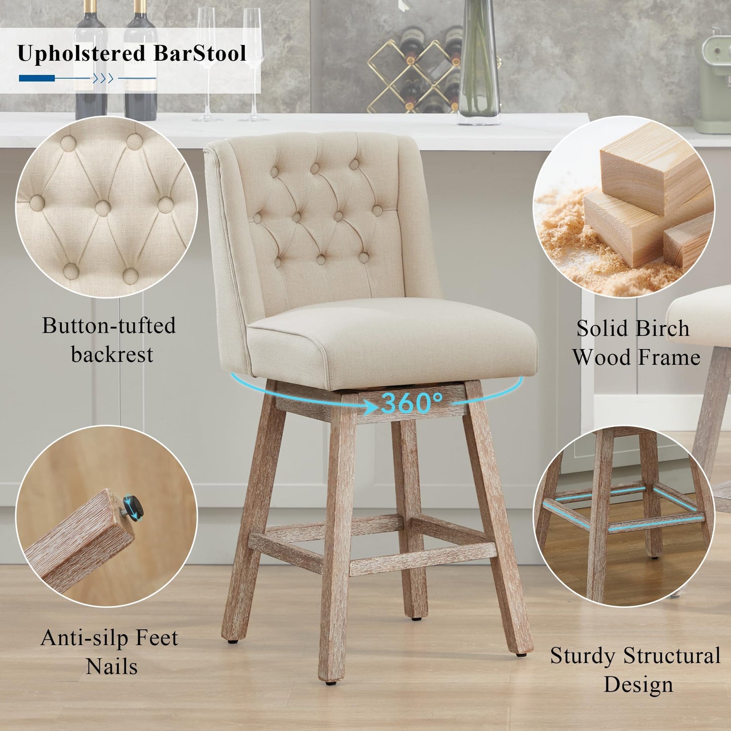 UDAX 26" Swivel Bar Stools Set of 4, Counter Height Barstools with Back, Linen Fabric Upholstered Bar Stools, Modern Barstools Wood Legs for Kitchen Island Dining Room Bar