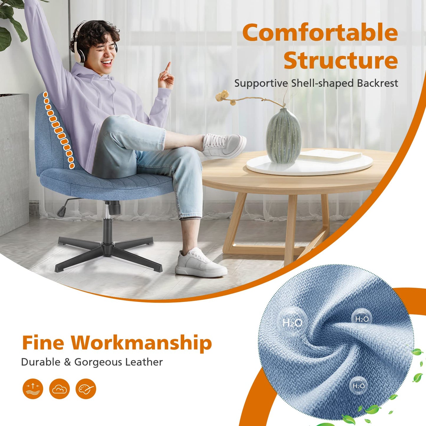 Sweetcrispy Criss Cross Chair Legged, Armless Office Swivel Desk Chairs No Wheels, Vanity Height Adjustable Wide Seat Comfy Cute Computer Task Seating for Home Bedroom,Blue