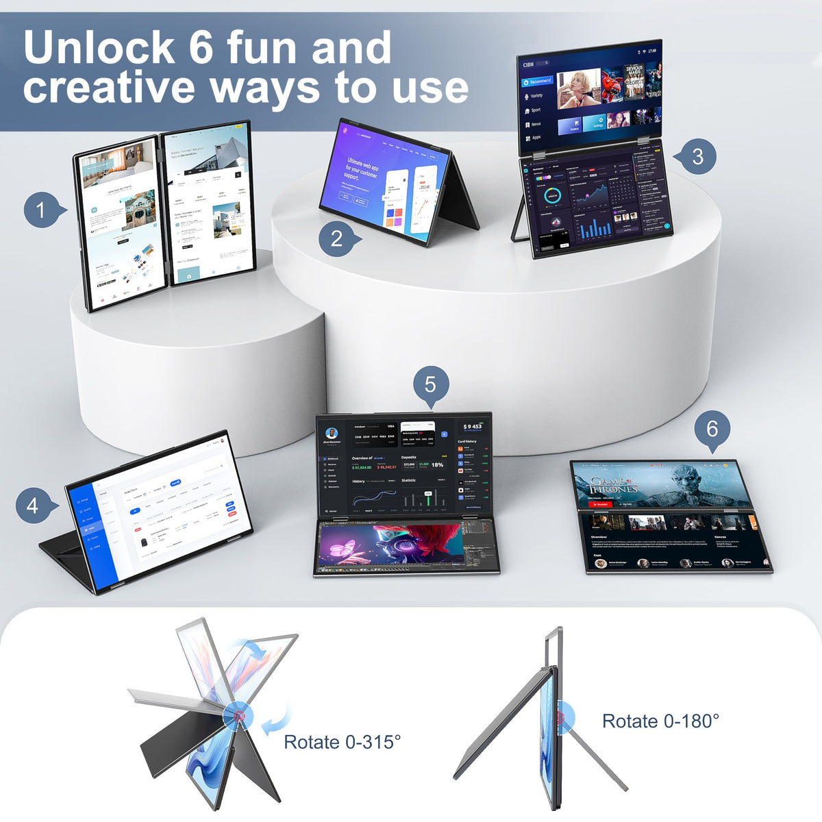InnoView Portable Dual Monitor 15.6" 1920x1080 Dual Stacked Foldable Monitor | 315° Screen Adjustment | USB-C/HDMI Second Monitor for Laptop, Mac, Windows