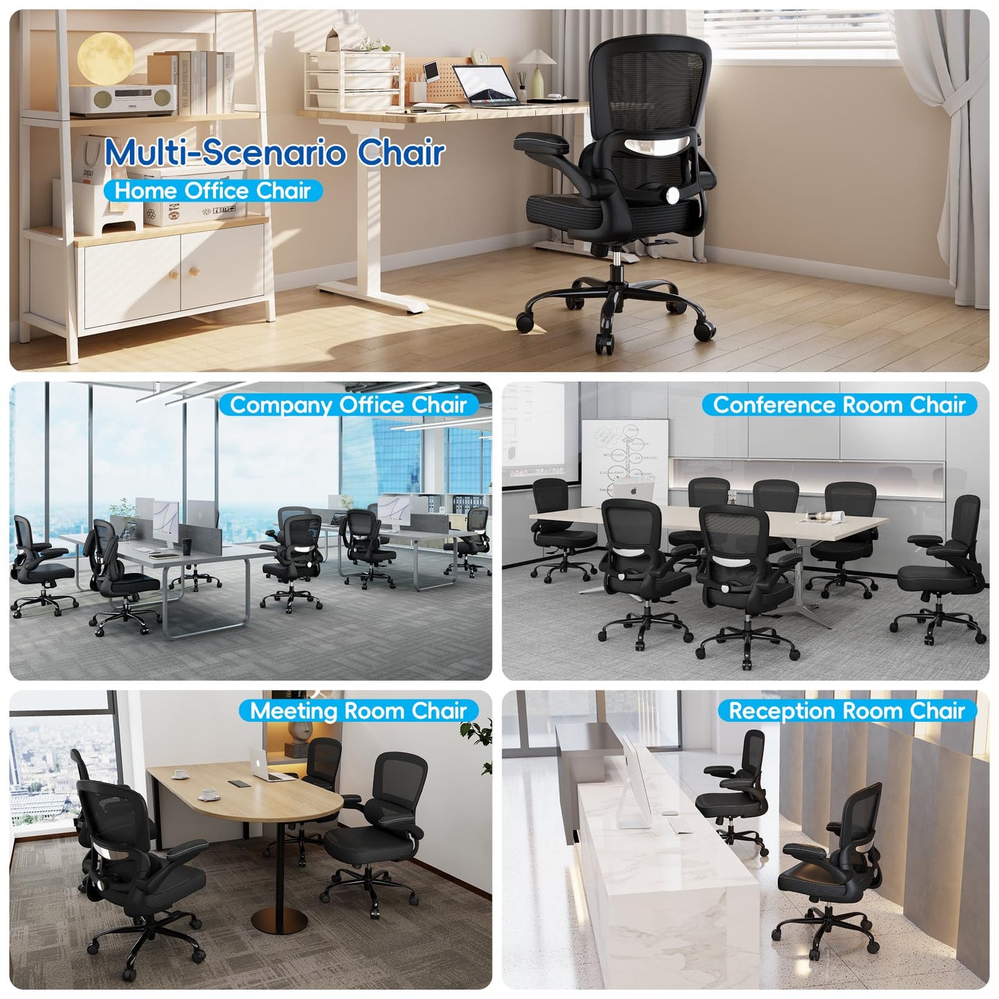 TRALT Ergonomic Office Chair - Desk Chair with Adjustable Lumbar Support Computer Chair - Mesh Comfy Chair with Flip-up Armrests - Gaming Chairs for Adults Home Office (Leather, Black)