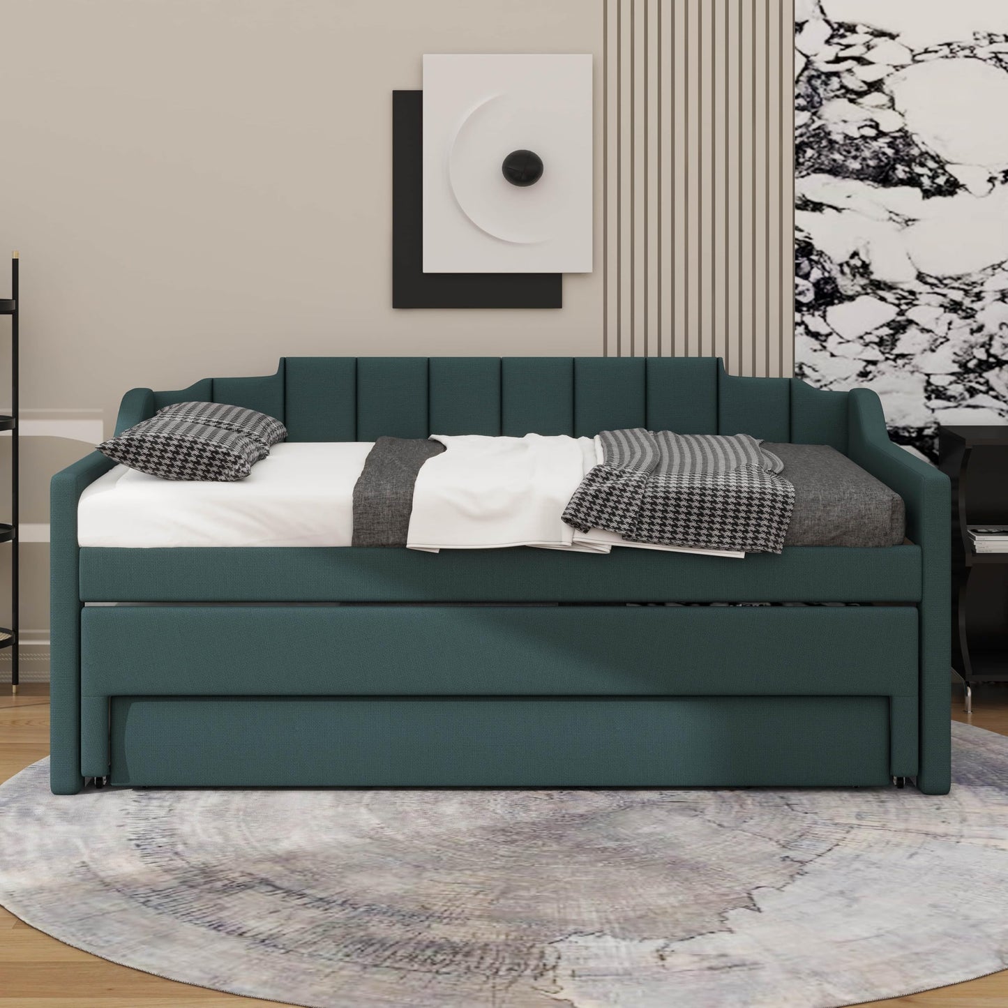 YunNianYang Twin Size Upholstered Daybed with Trundle and Three Drawers (Green)