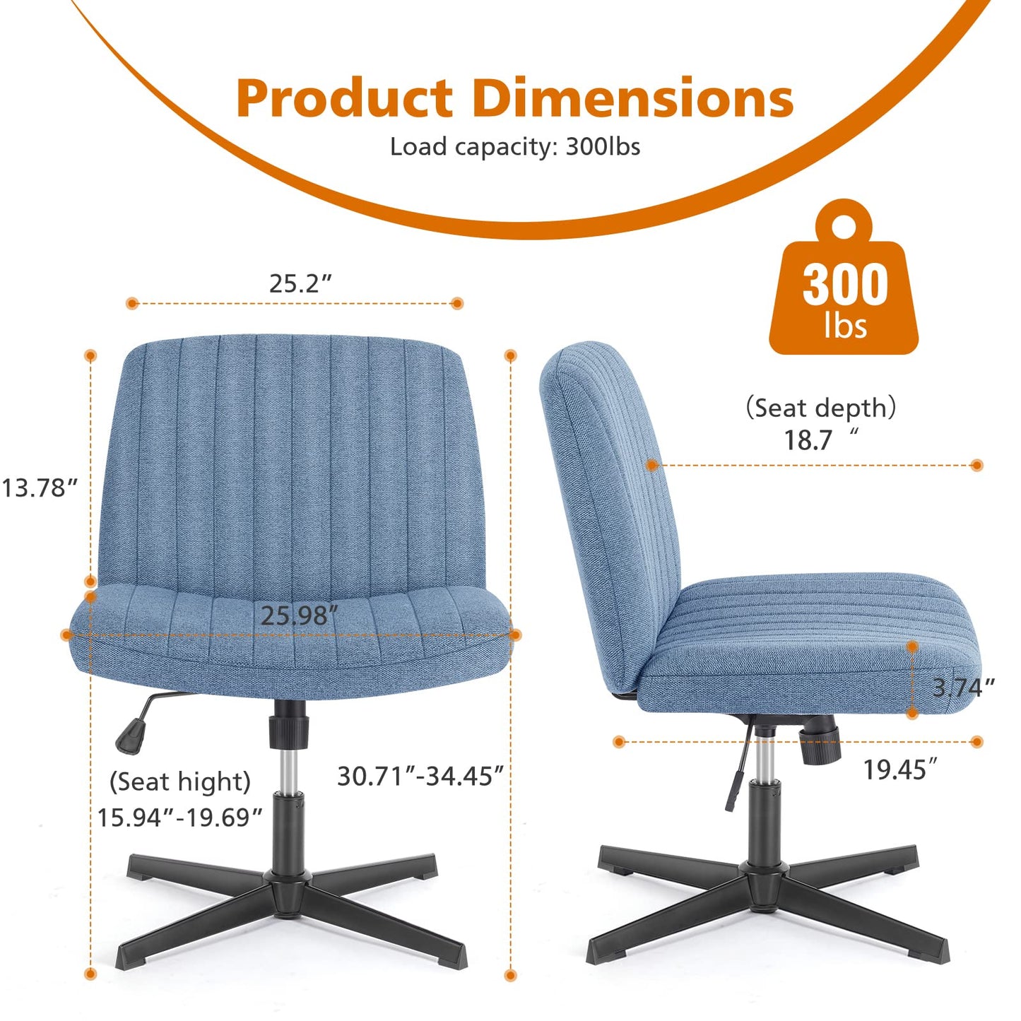Sweetcrispy Criss Cross Chair Legged, Armless Office Swivel Desk Chairs No Wheels, Vanity Height Adjustable Wide Seat Comfy Cute Computer Task Seating for Home Bedroom,Blue
