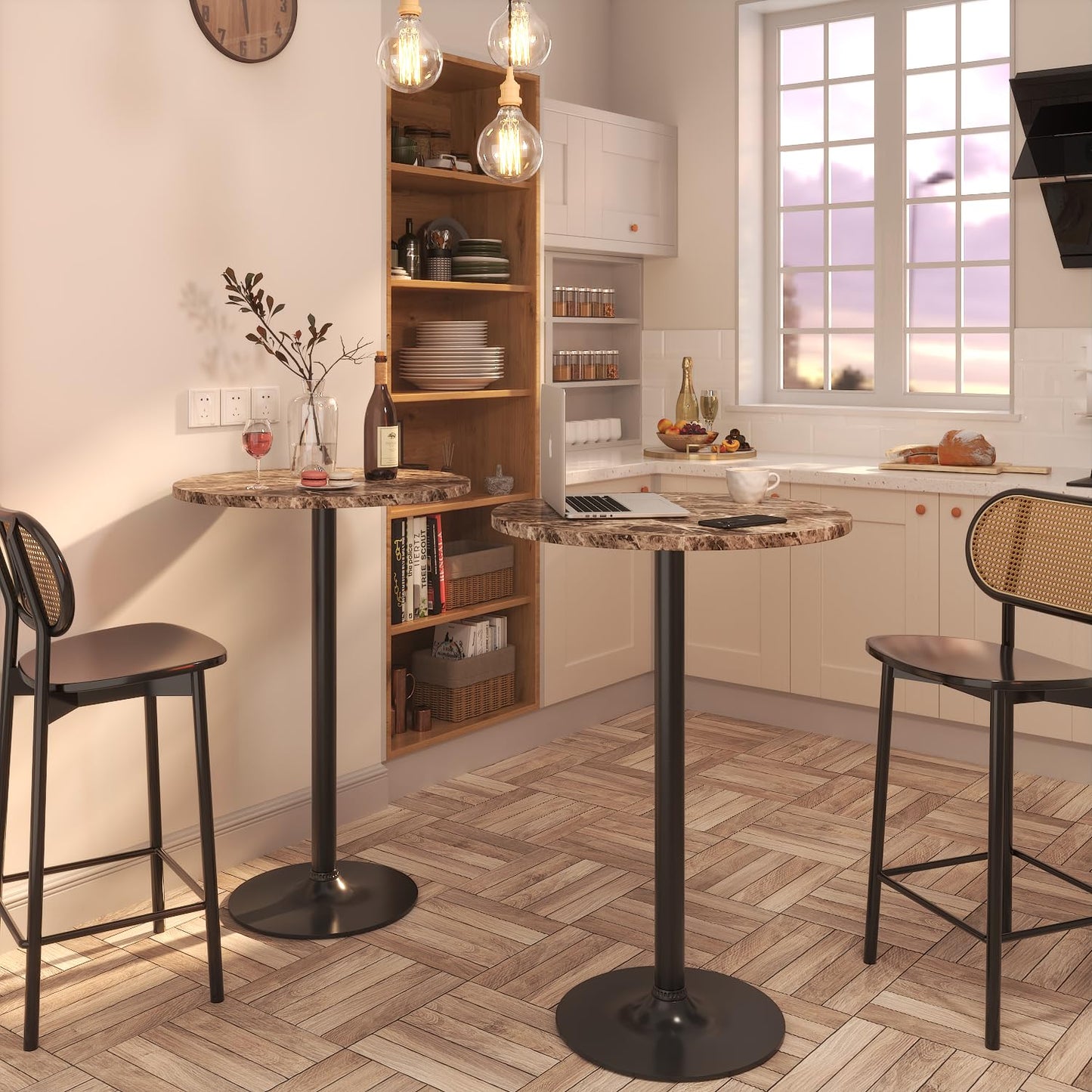 Furmax Bistro Pub Table Round Bar Height Cocktail Table for Home Bar, Round Bar Tables for Party, Dining Room, Living Room and Wedding, Metal Base MDF Top Obsidian, 40.6 Inch Height (1, Faux Marble)