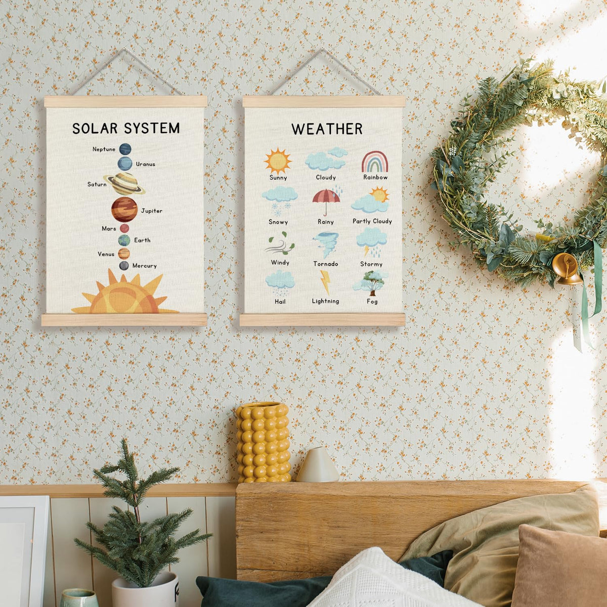 Supwhd Solar System Space Wall Decor, Nursery Wall Decor, Space Weather Chart Wall Art Educational Poster for Kids Room Classroom Preschool Decor, 12x16 Set of 2